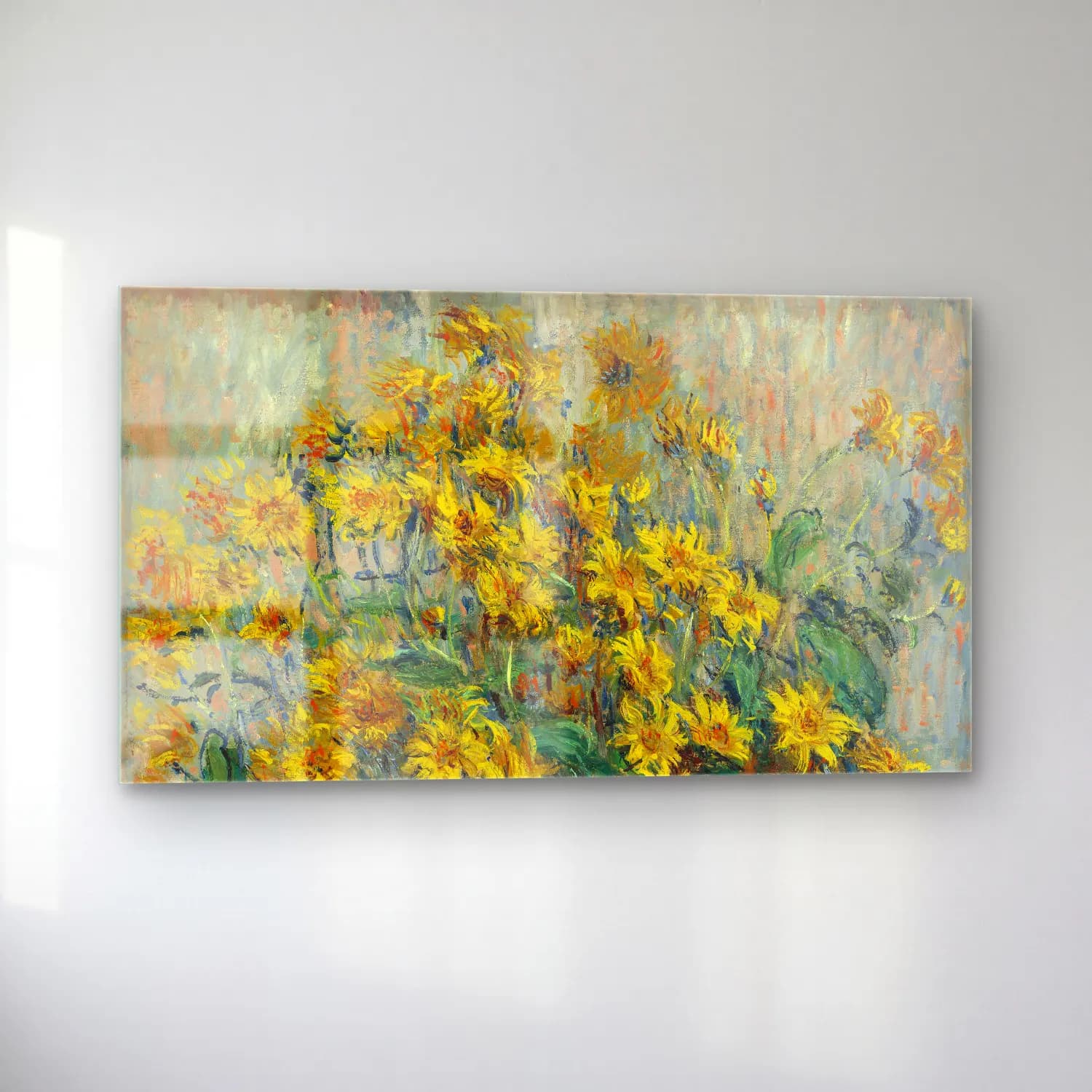 Claude Monet – Jerusalem Artichoke Flowers – Sarı Tonlar cam tablo — sol açıdan görünüm