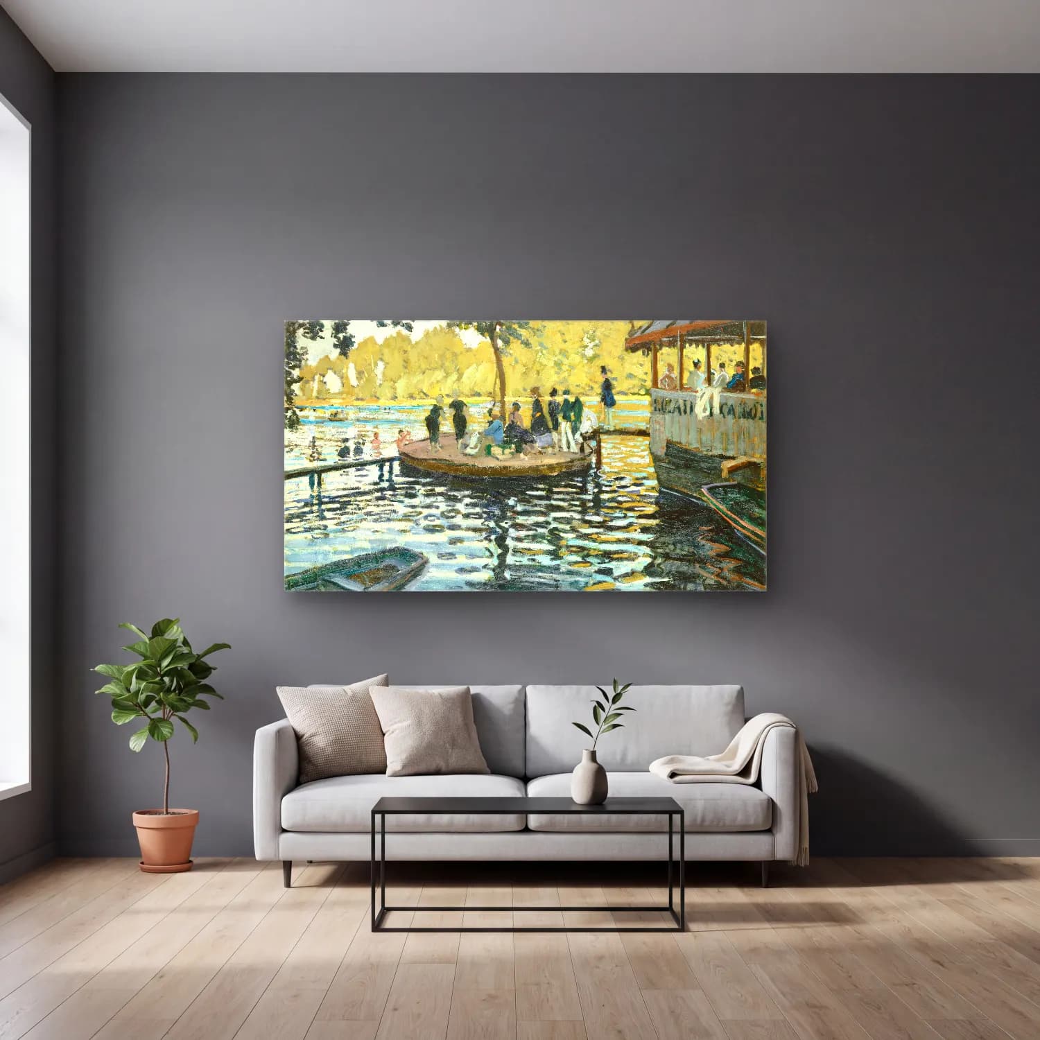 Claude Monet – La Grenouillère – Yeşil Tonlar cam tablo — gri duvarlı salonda