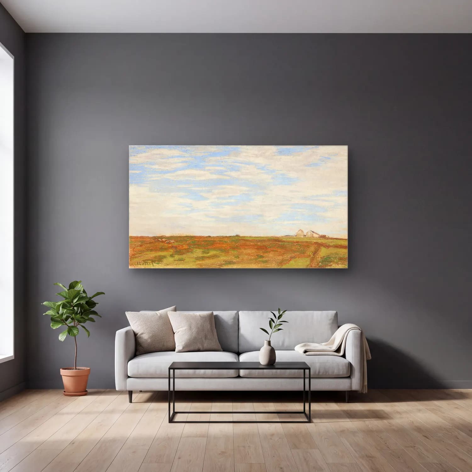 Claude Monet – Landscape cam tablo — gri duvarlı salonda