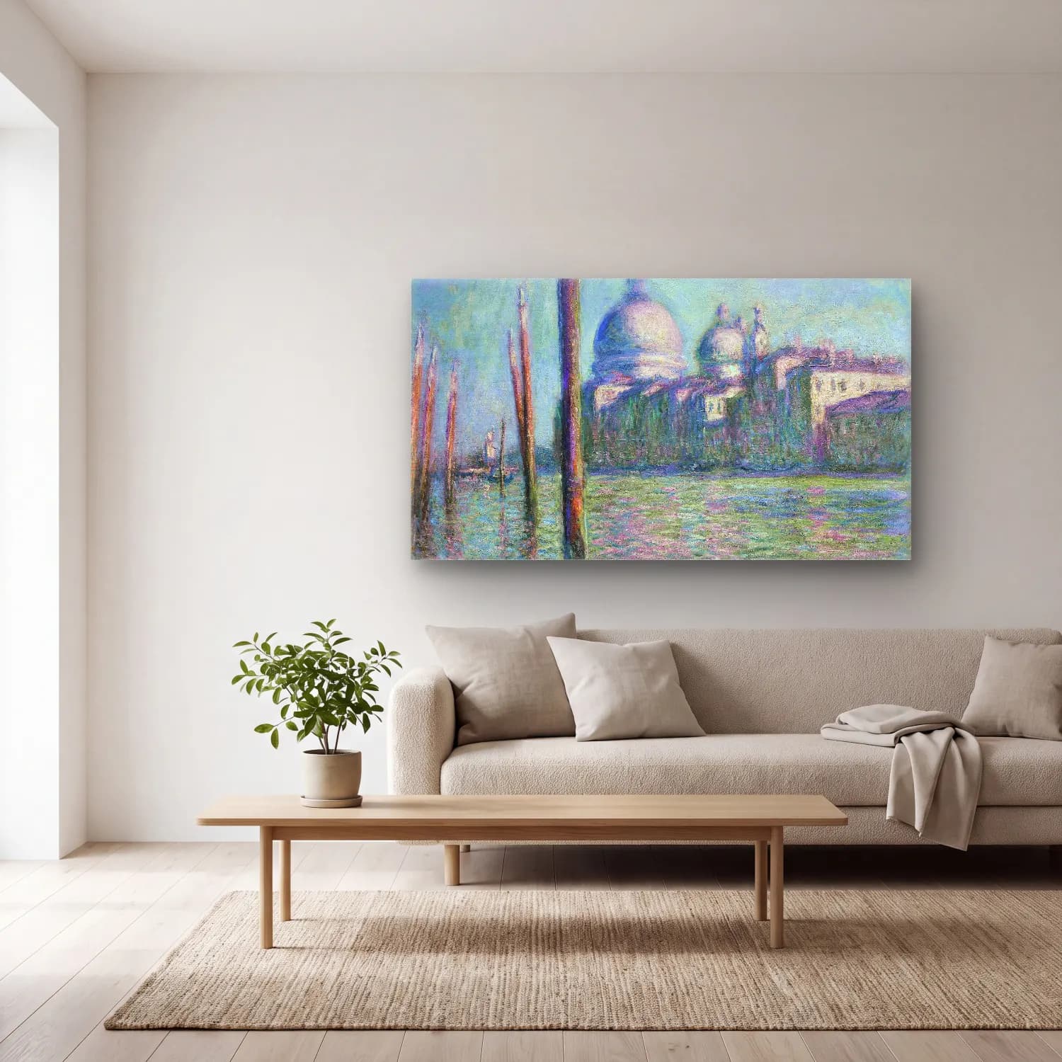 Claude Monet – Le Grand Canal cam tablo — açık renk salonda