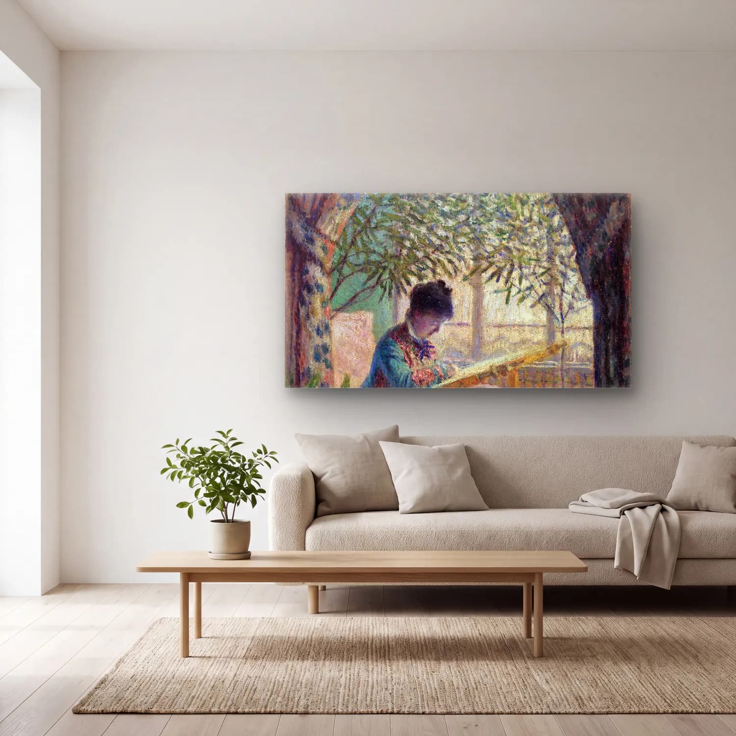 Claude Monet – Madame Monet Embroidering cam tablo — açık renk salonda