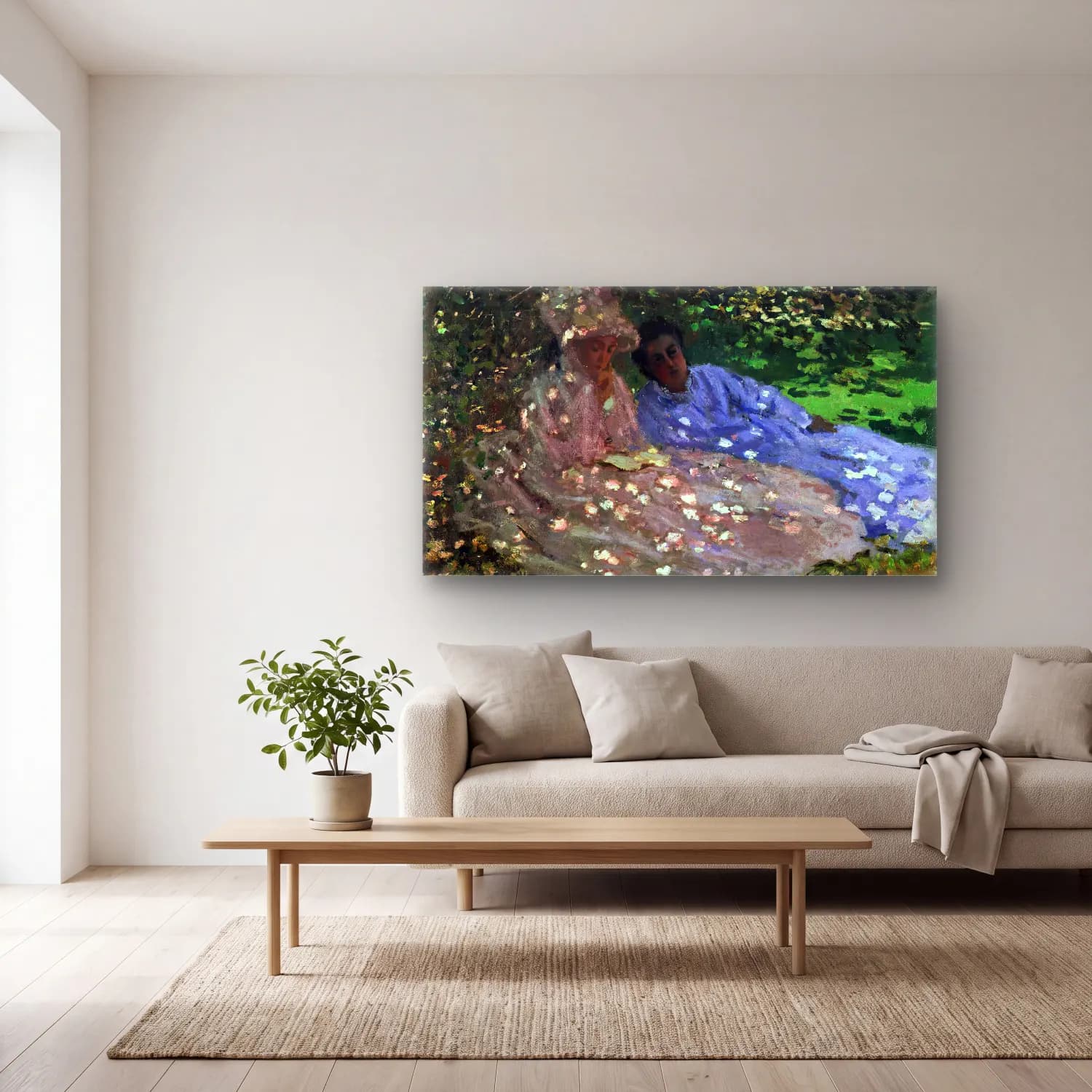 Claude Monet – Madame Monet and a Friend in the Garden cam tablo — açık renk salonda