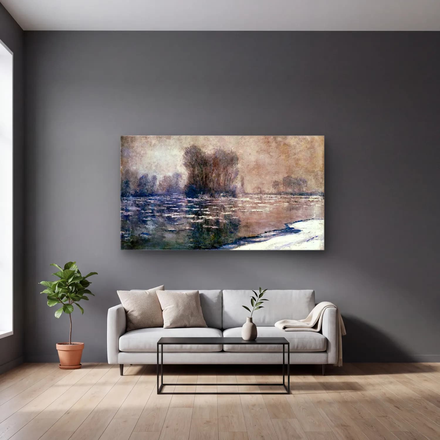 Claude Monet – Morning Haze cam tablo — gri duvarlı salonda