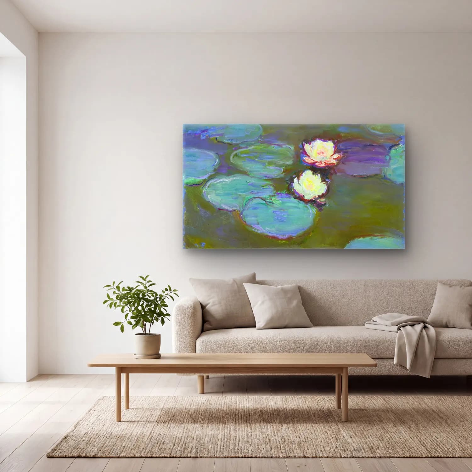 Claude Monet – Nympheas cam tablo — açık renk salonda
