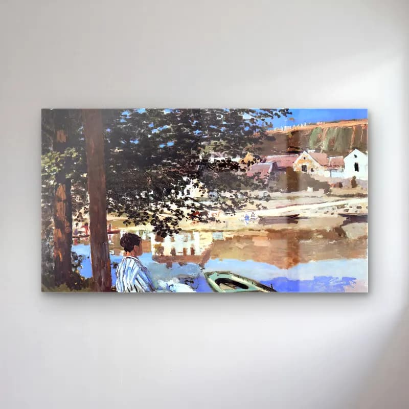 Claude Monet – On the Bank of the Seine, Bennecourt – Siyah Beyaz Tonlar cam tablo — Claude Monet – On the Bank of the Seine, Bennecourt – Siyah Beyaz Tonlar — empresyonist liman ve tekneler