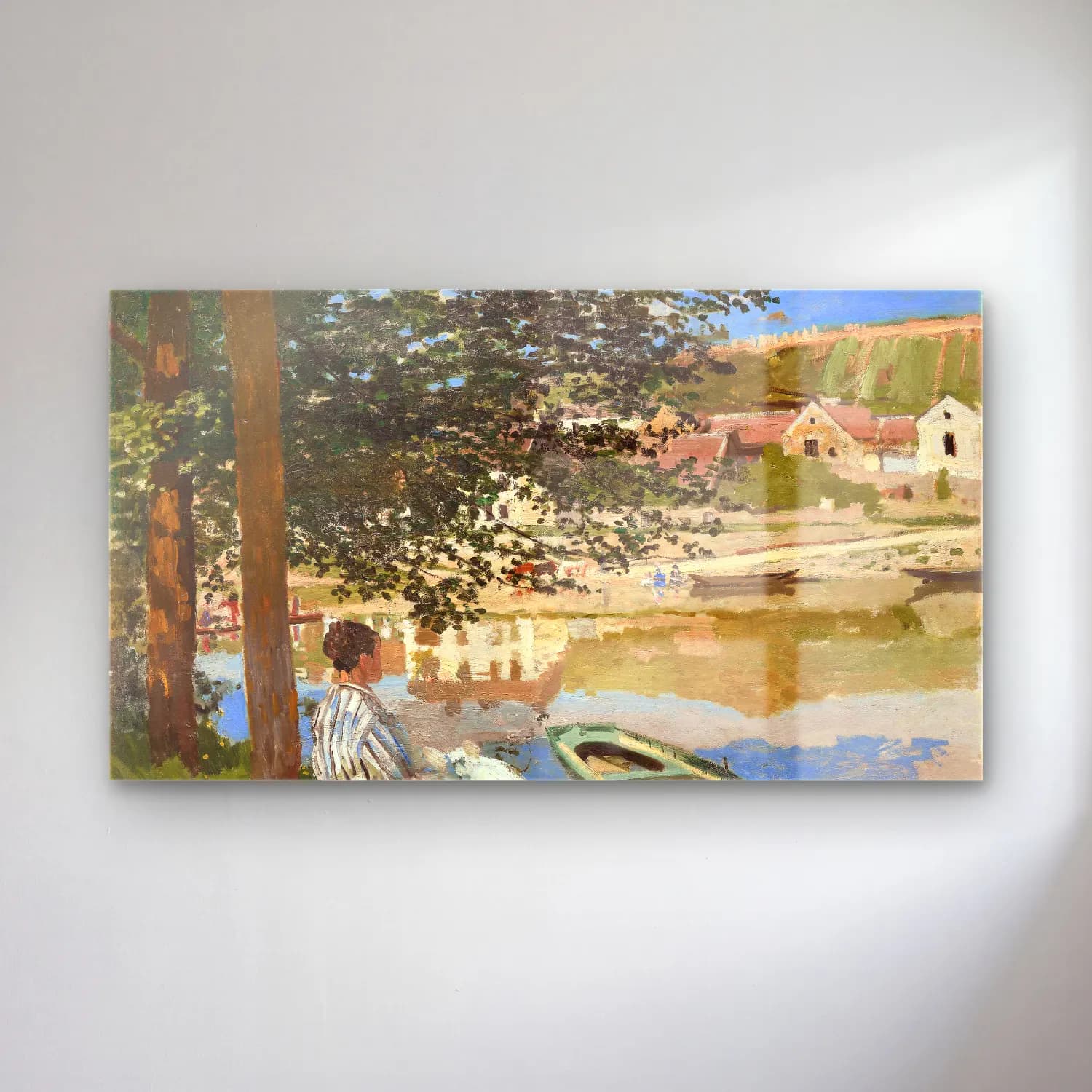 Claude Monet – On the Bank of the Seine, Bennecourt – Bej Tonlar cam tablo — Claude Monet – On the Bank of the Seine, Bennecourt – Bej Tonlar — empresyonist liman ve tekneler