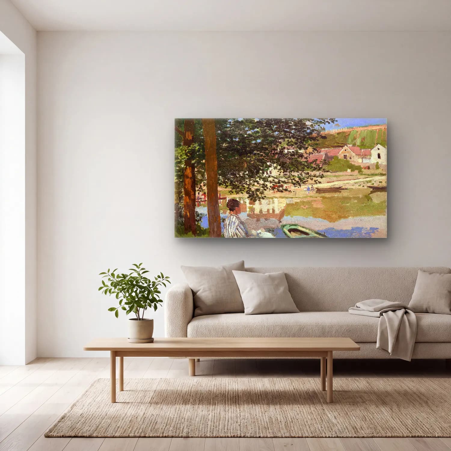 Claude Monet – On the Bank of the Seine, Bennecourt – Bej Tonlar cam tablo — açık renk salonda
