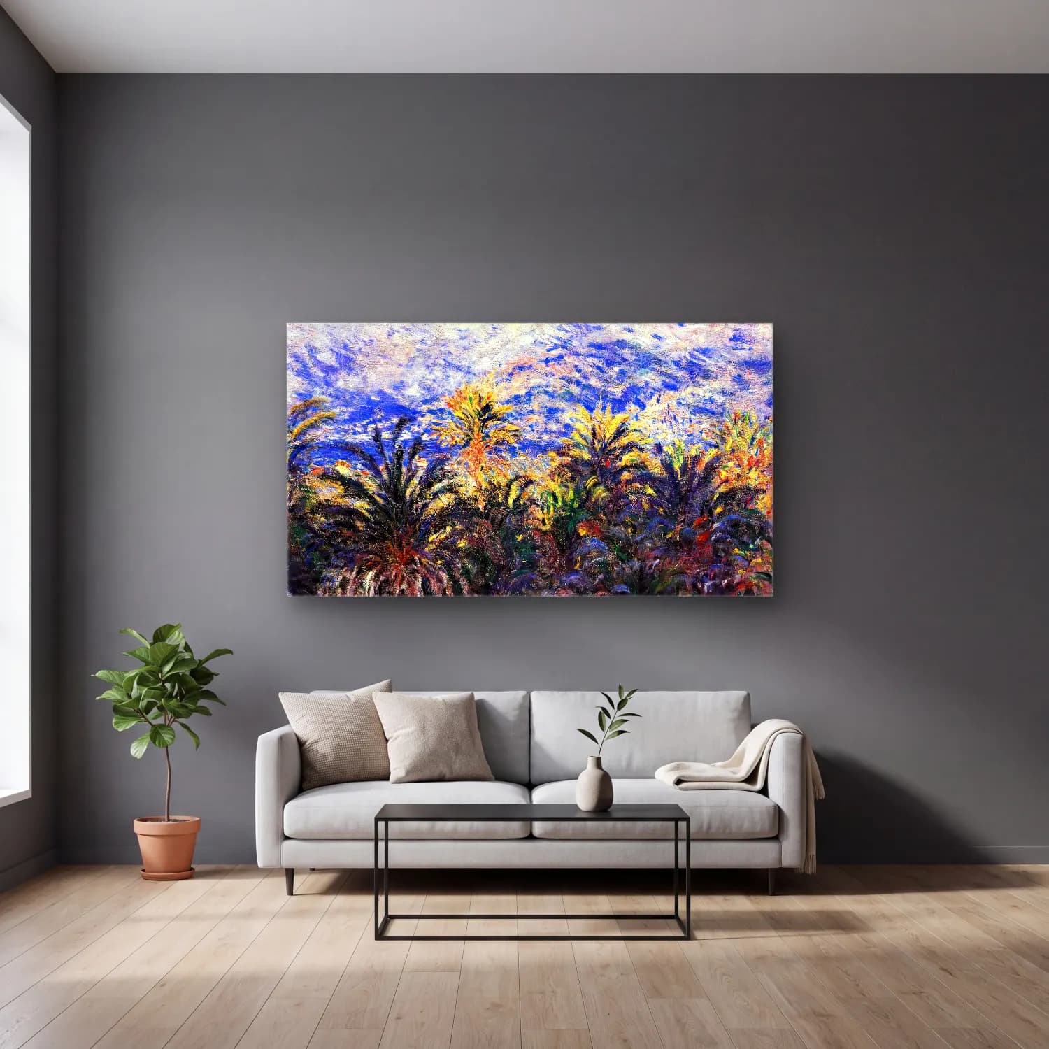 Claude Monet – Palm Trees in Bordighera cam tablo — gri duvarlı salonda
