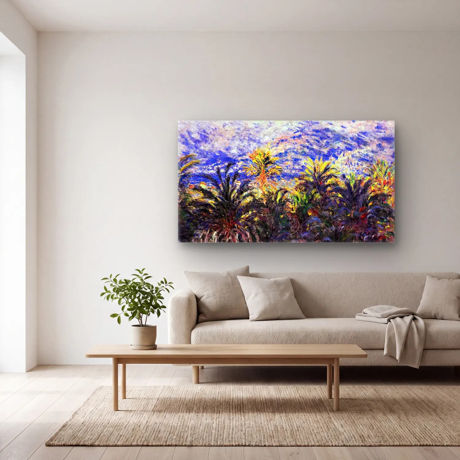 Claude Monet – Palm Trees in Bordighera cam tablo — açık renk salonda