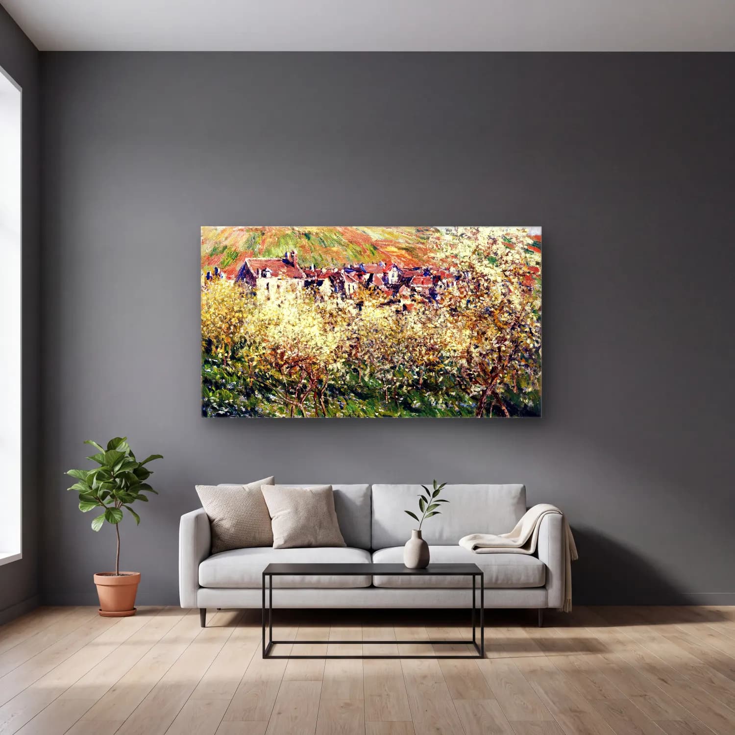 Claude Monet – Plum Trees in Bloom cam tablo — gri duvarlı salonda