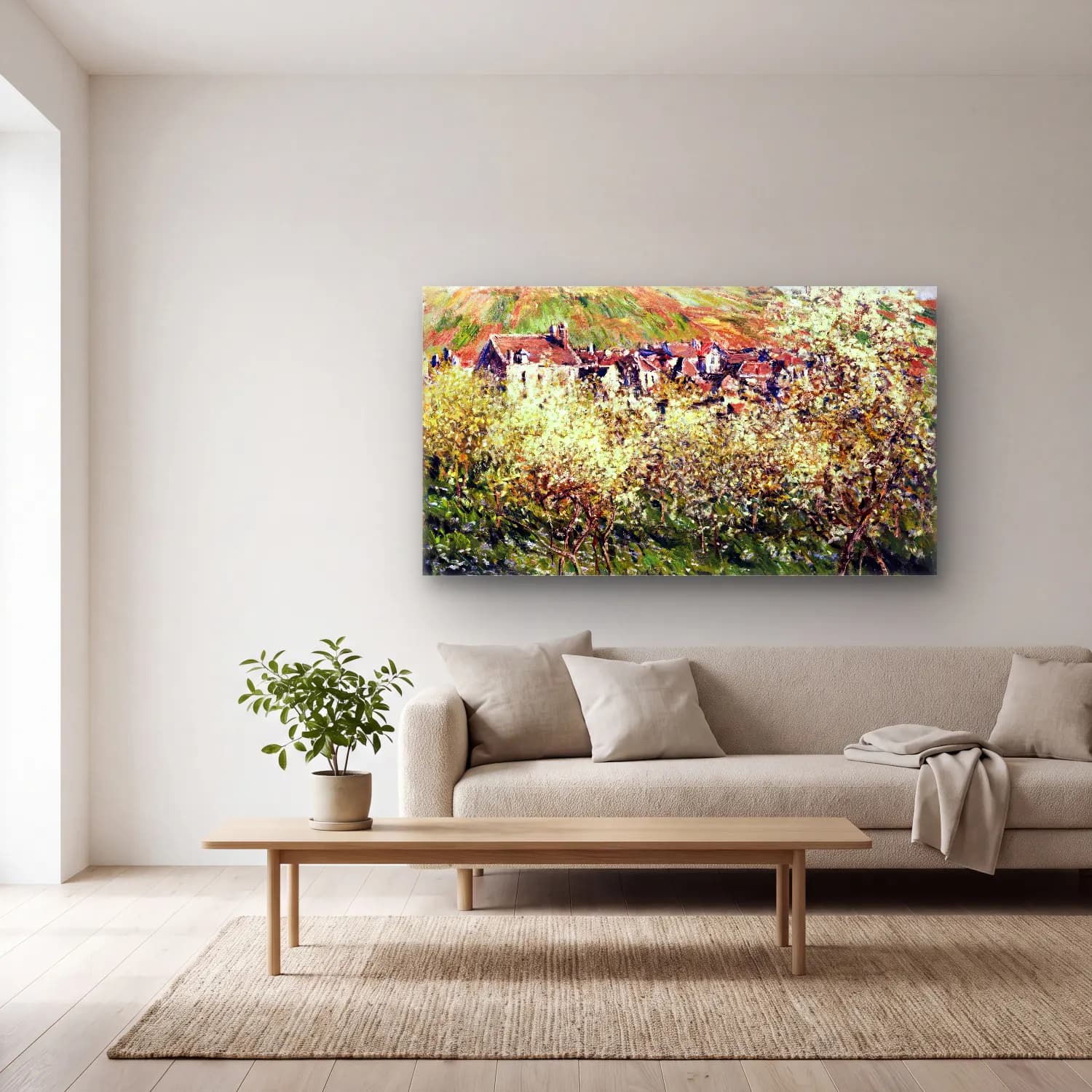Claude Monet – Plum Trees in Bloom cam tablo — açık renk salonda