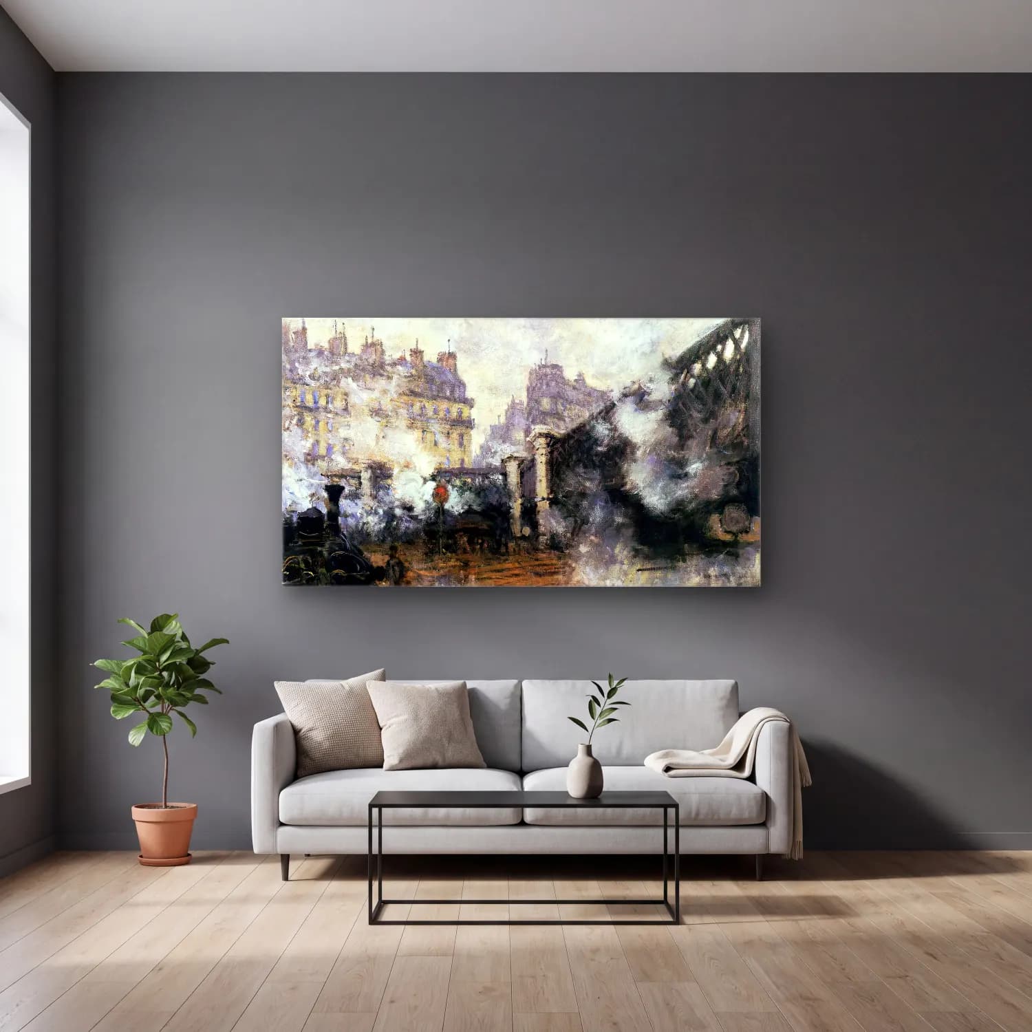 Claude Monet – Pont de l Europe, Gare Saint-Lazare cam tablo — gri duvarlı salonda