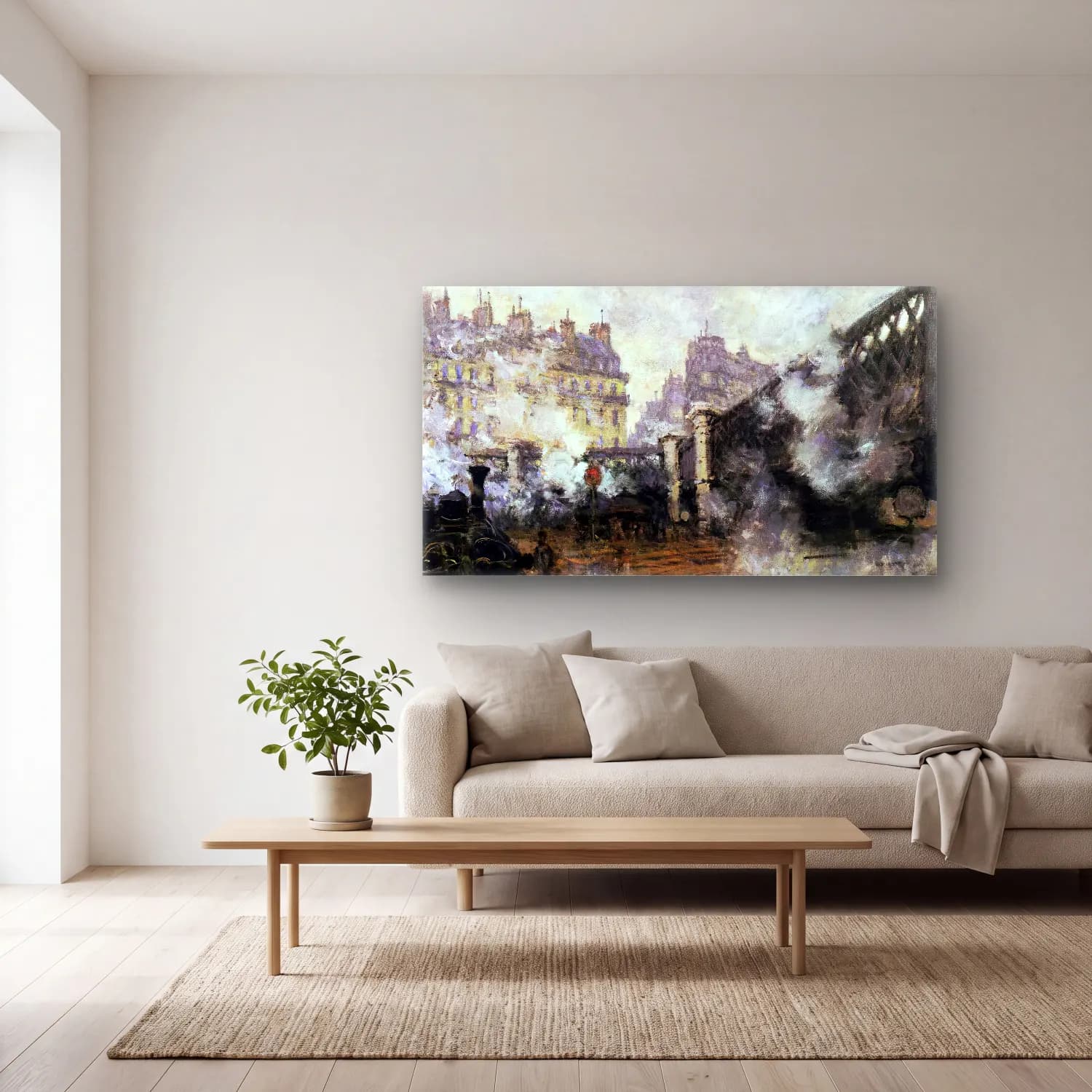 Claude Monet – Pont de l Europe, Gare Saint-Lazare cam tablo — açık renk salonda