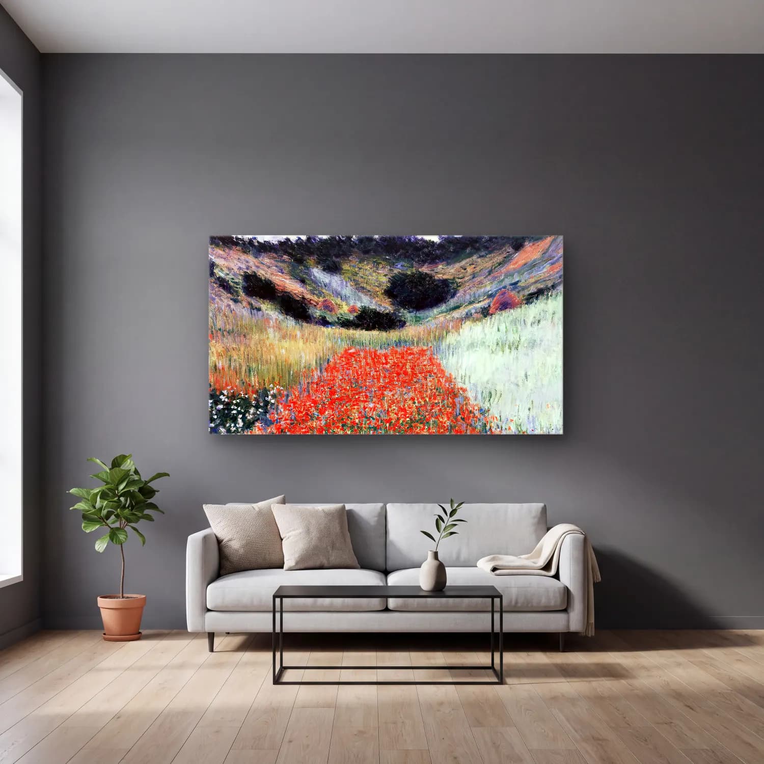 Claude Monet – Poppy Field in a Hollow near Giverny cam tablo — gri duvarlı salonda