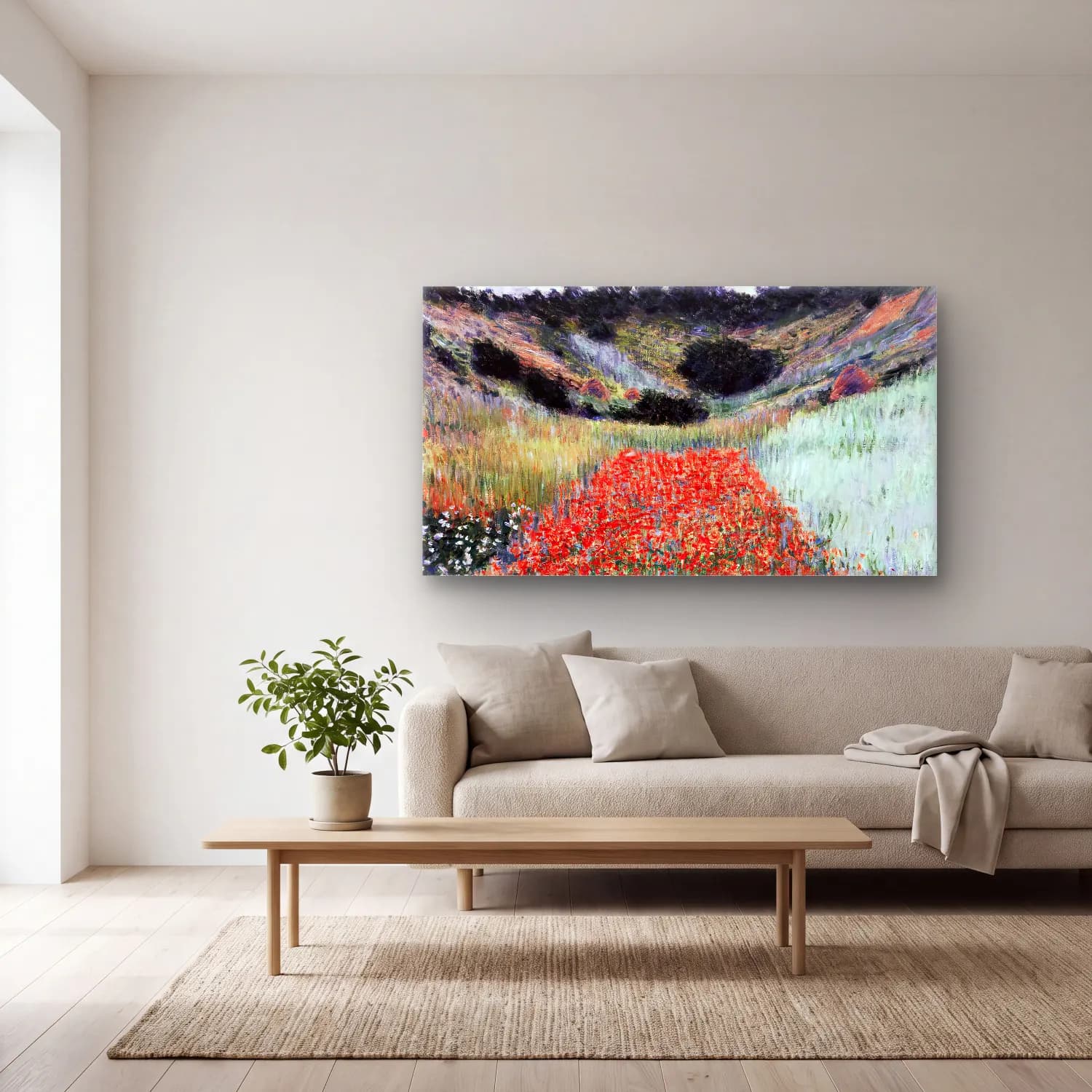 Claude Monet – Poppy Field in a Hollow near Giverny cam tablo — açık renk salonda