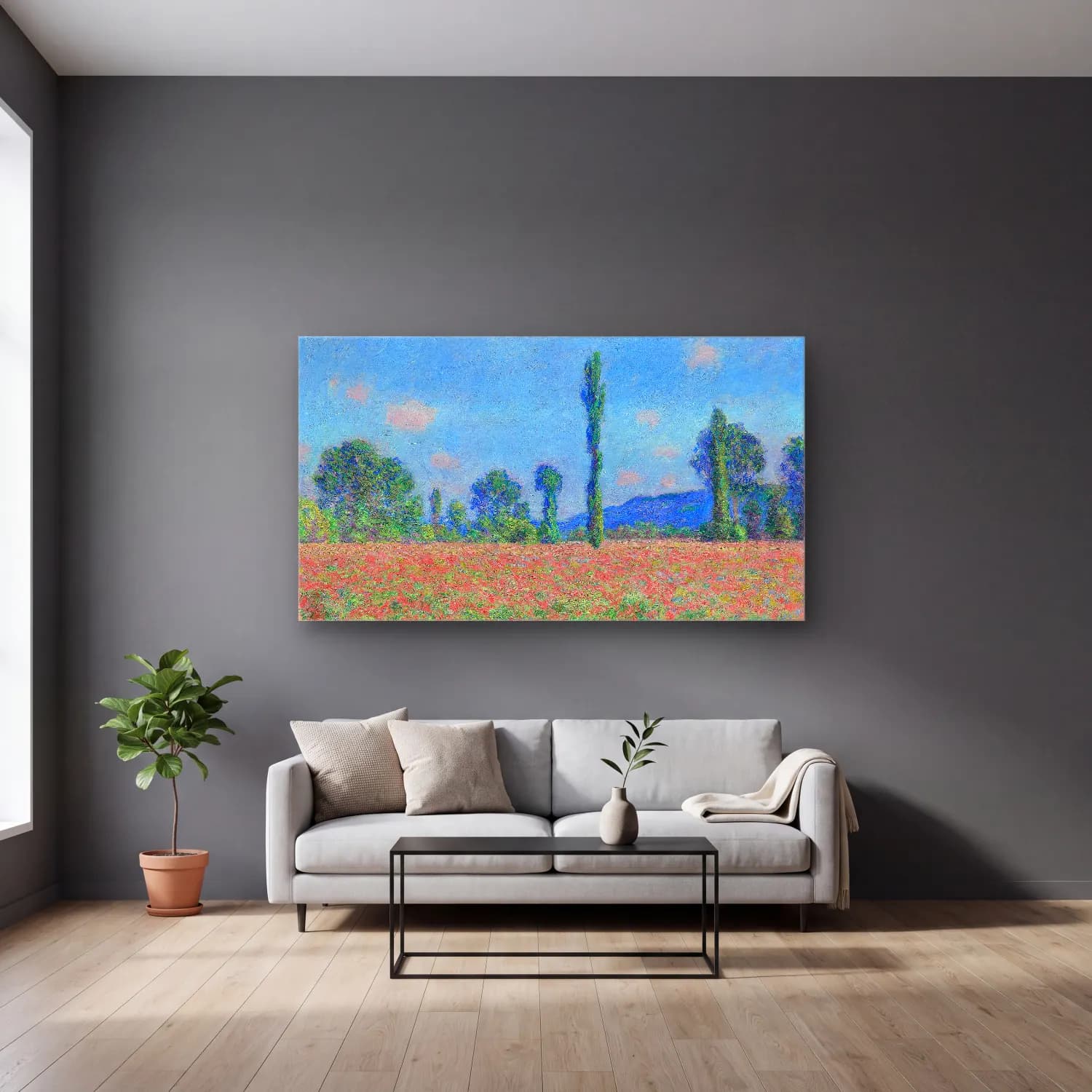 Claude Monet – Poppy Field, Giverny cam tablo — gri duvarlı salonda