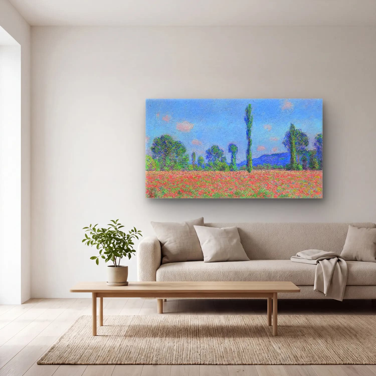 Claude Monet – Poppy Field, Giverny cam tablo — açık renk salonda