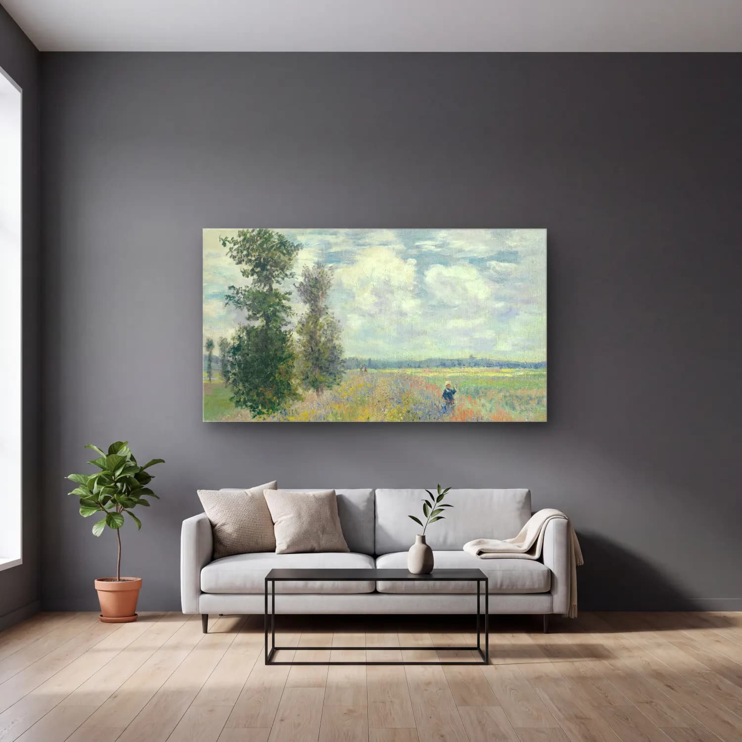 Claude Monet – Poppy Fields near Argenteuil cam tablo — gri duvarlı salonda