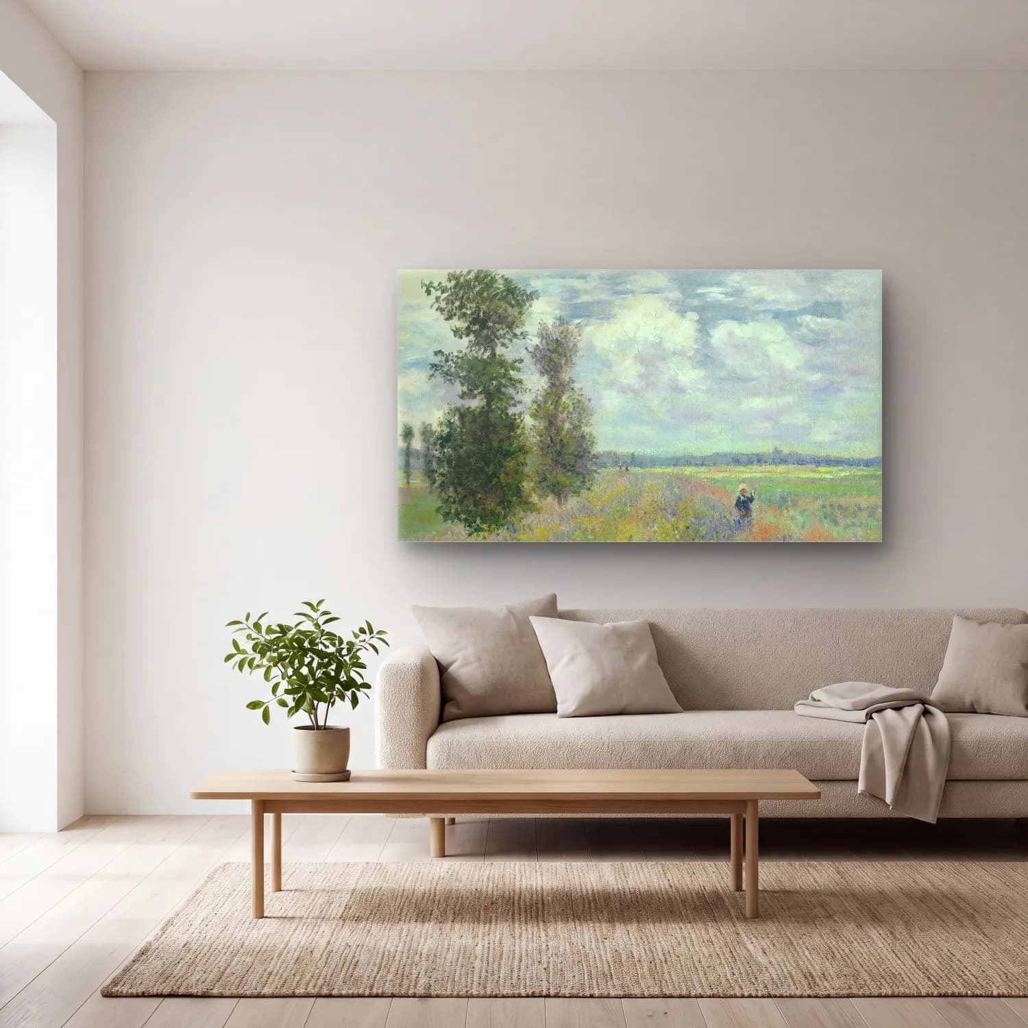 Claude Monet – Poppy Fields near Argenteuil cam tablo — açık renk salonda