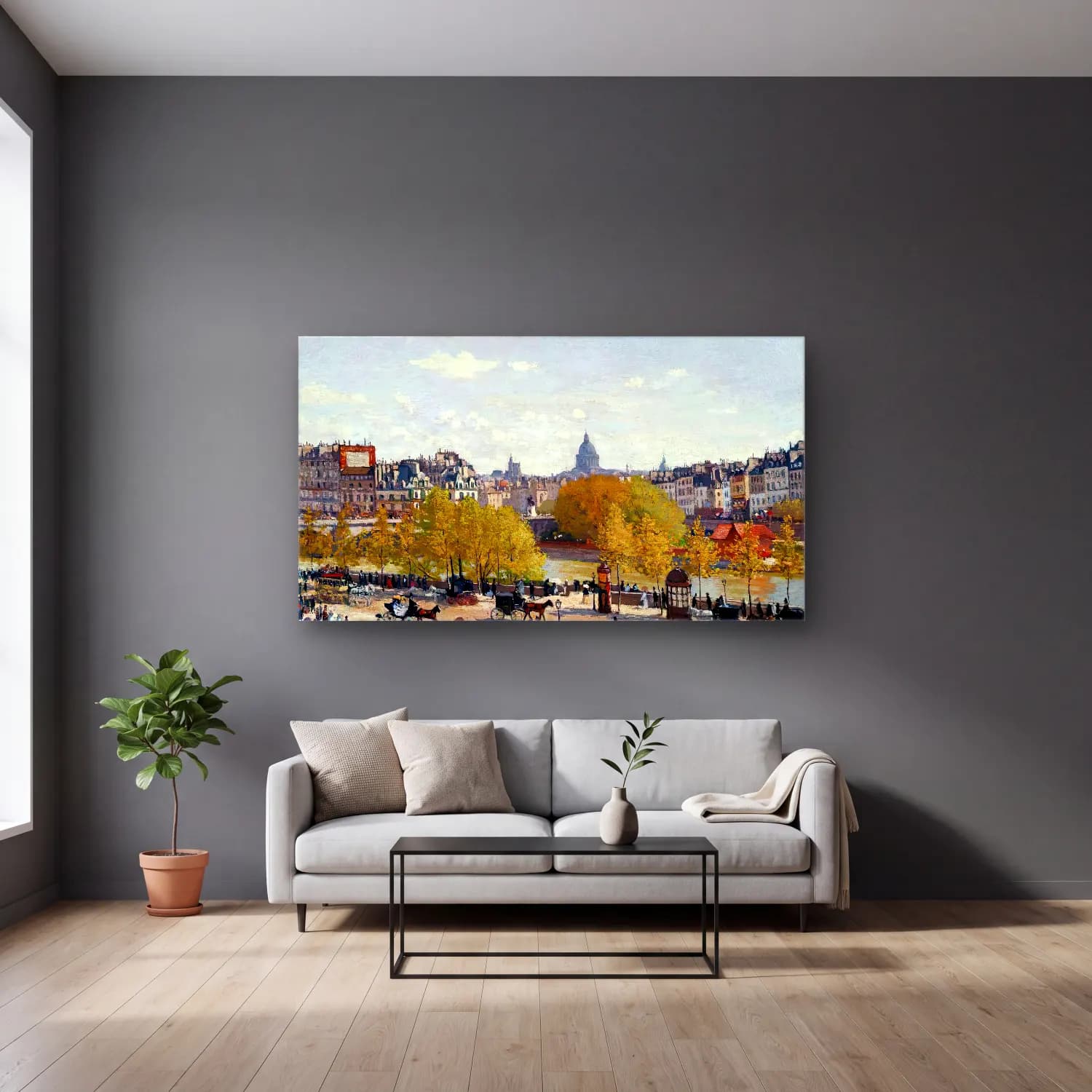 Claude Monet – Quai du Louvre, Paris cam tablo — gri duvarlı salonda