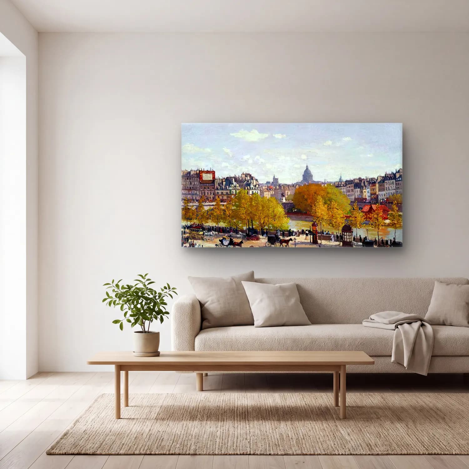 Claude Monet – Quai du Louvre, Paris cam tablo — açık renk salonda