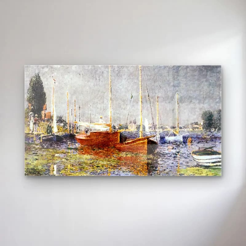 Claude Monet – Red Boats at Argenteuil cam tablo — Claude Monet – Red Boats at Argenteuil — empresyonist liman ve tekneler