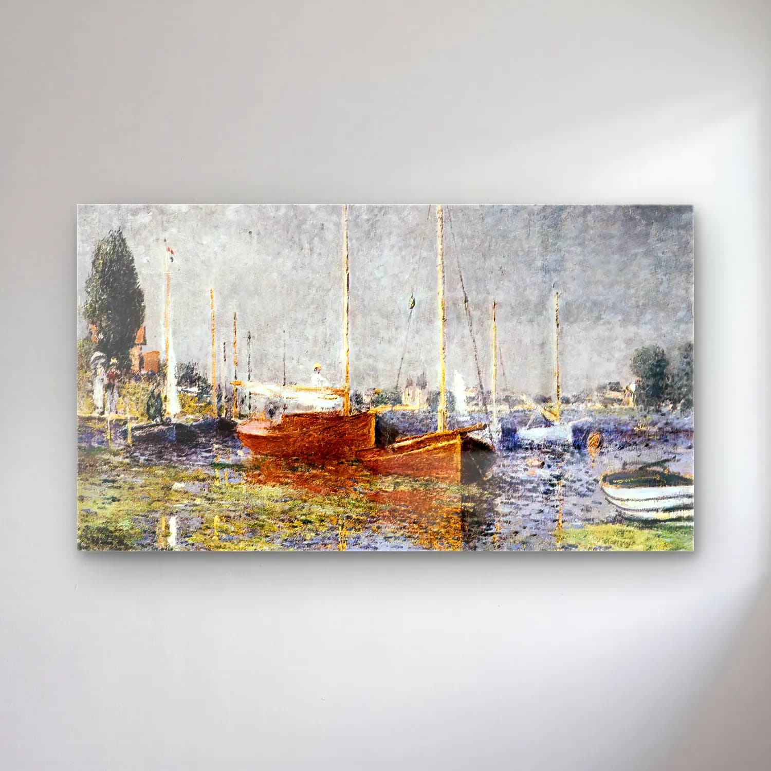 Claude Monet – Red Boats at Argenteuil cam tablo — Claude Monet – Red Boats at Argenteuil — empresyonist liman ve tekneler