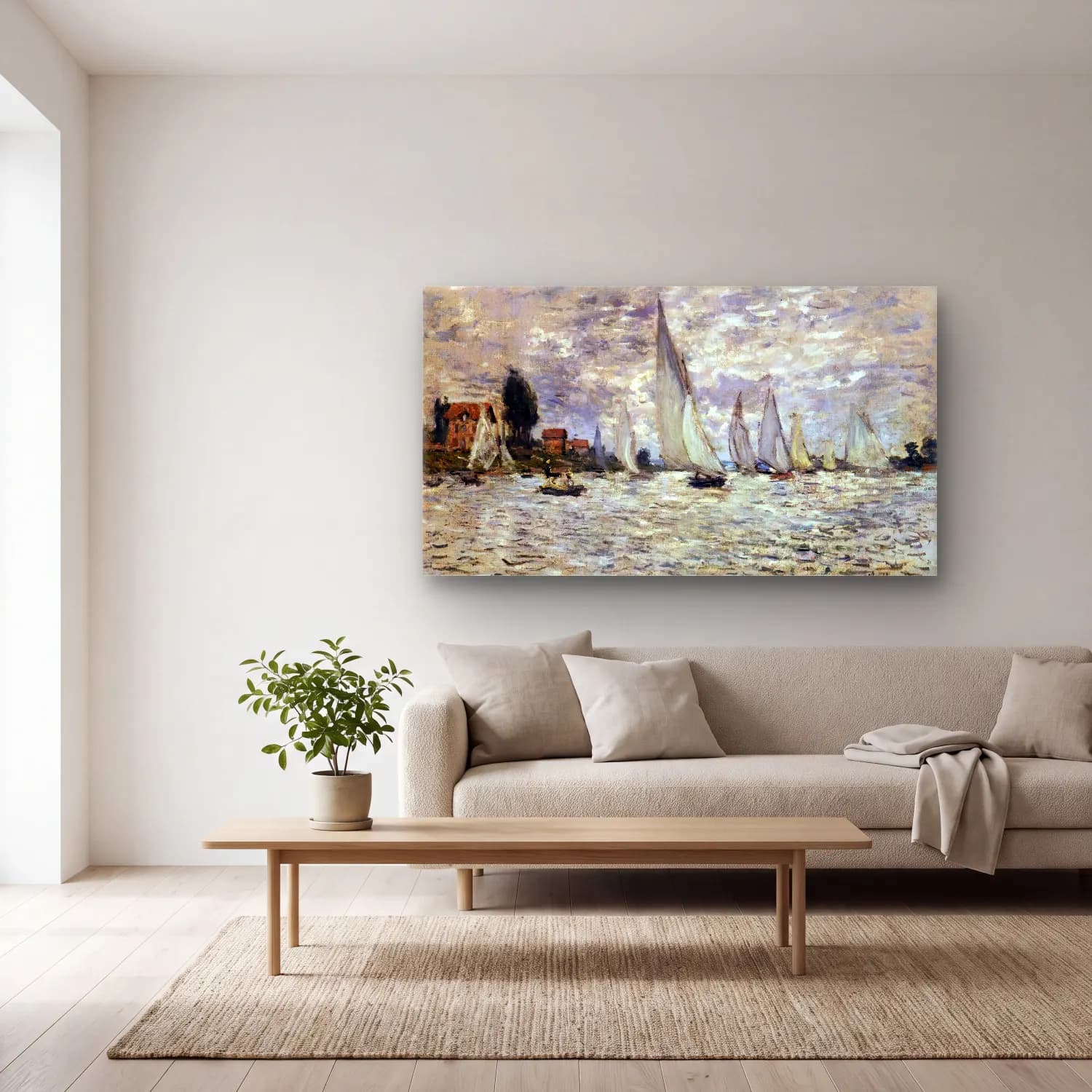 Claude Monet – Regatta at Argenteuil cam tablo — açık renk salonda