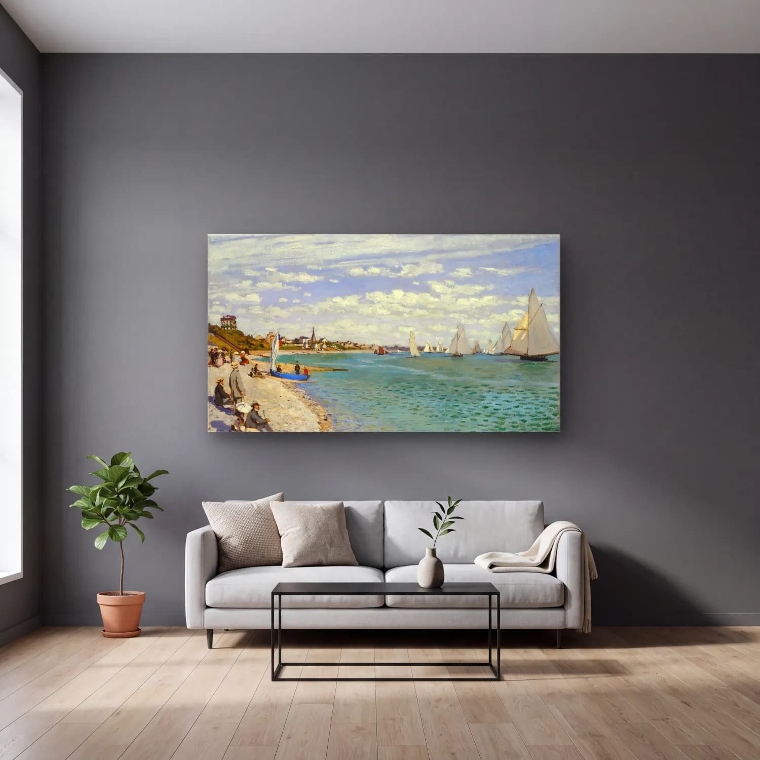 Claude Monet – Regatta at Sainte-Adresse cam tablo — gri duvarlı salonda