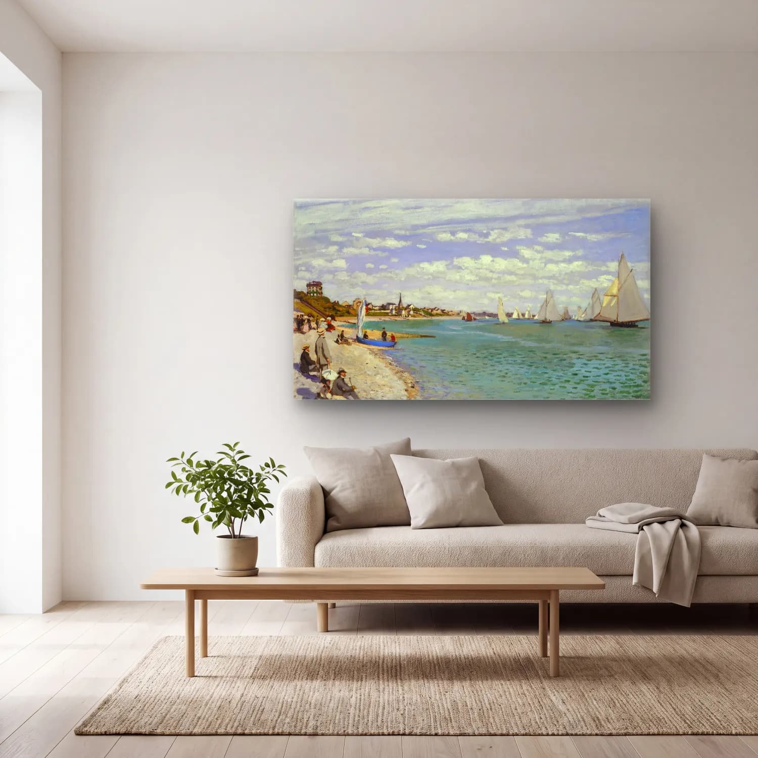 Claude Monet – Regatta at Sainte-Adresse cam tablo — açık renk salonda