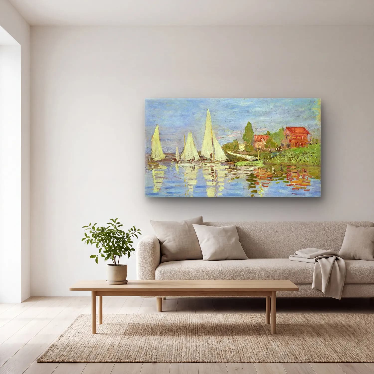 Claude Monet – Regattas at Argenteuil cam tablo — açık renk salonda