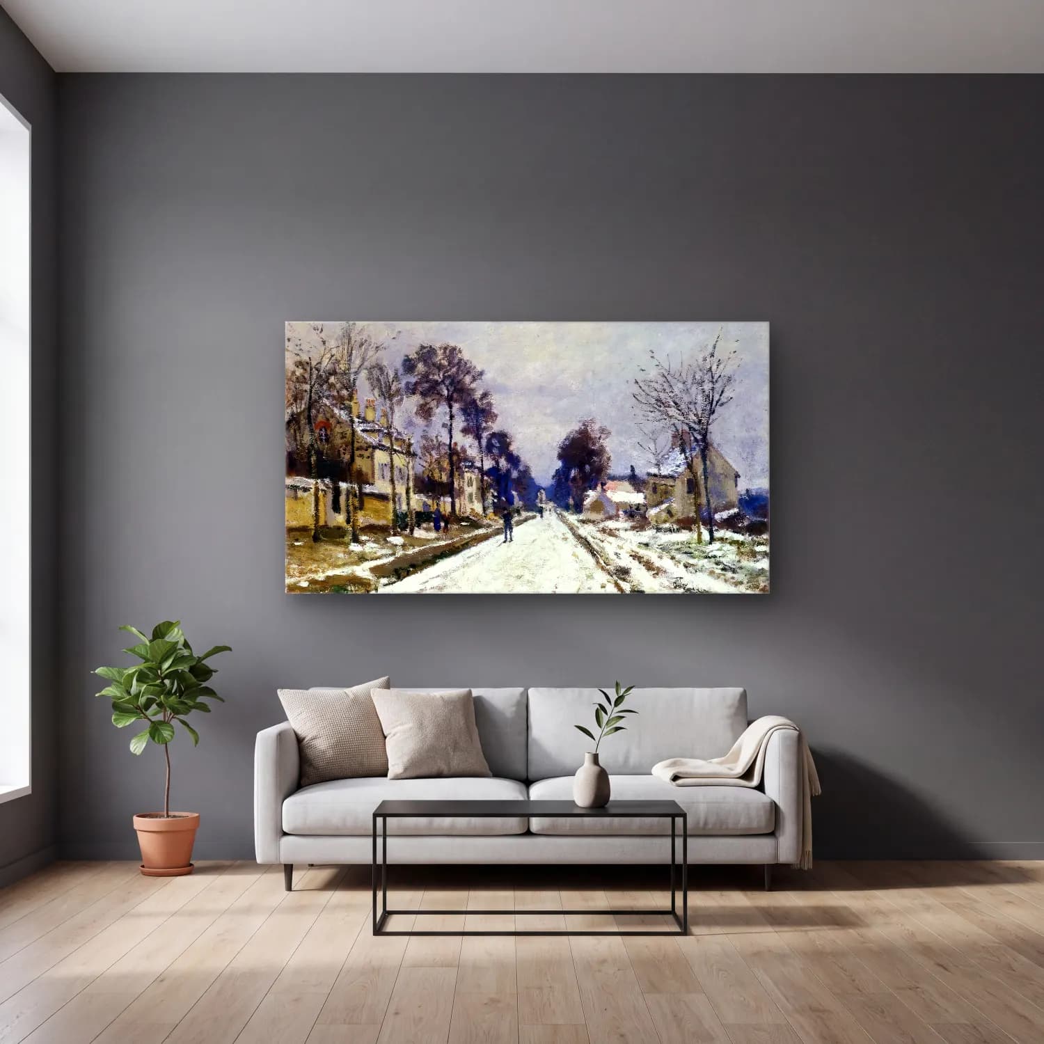 Claude Monet – Road at Louveciennes, Snow Effect cam tablo — gri duvarlı salonda