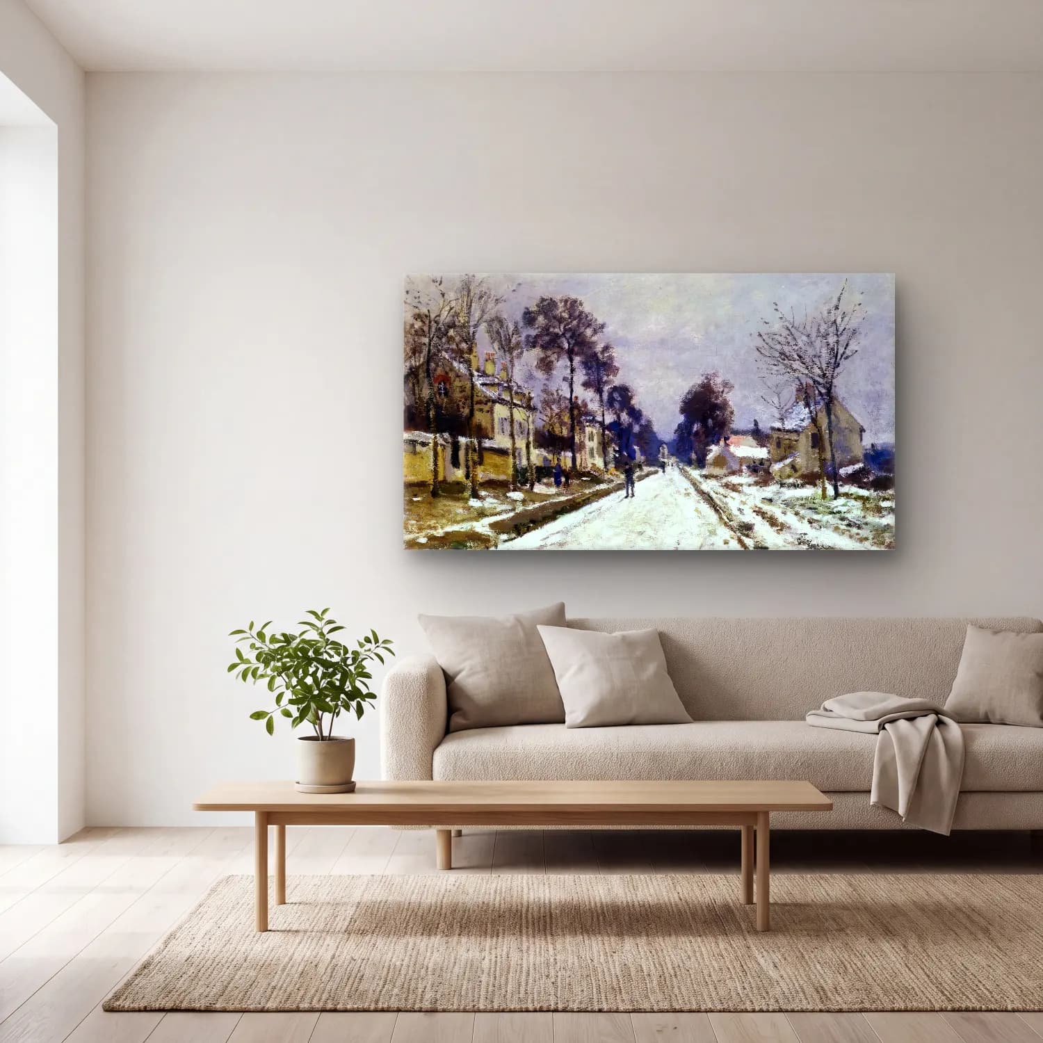 Claude Monet – Road at Louveciennes, Snow Effect cam tablo — açık renk salonda