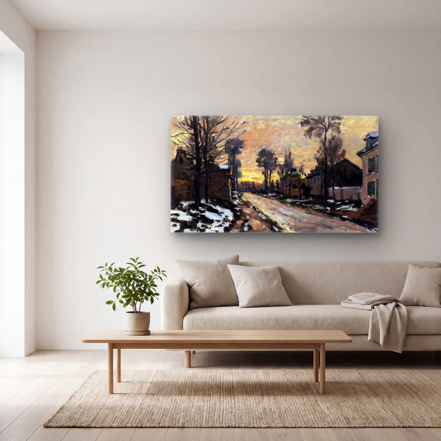 Claude Monet – Road to Louveciennes, Melting Snow, Sunset cam tablo — açık renk salonda