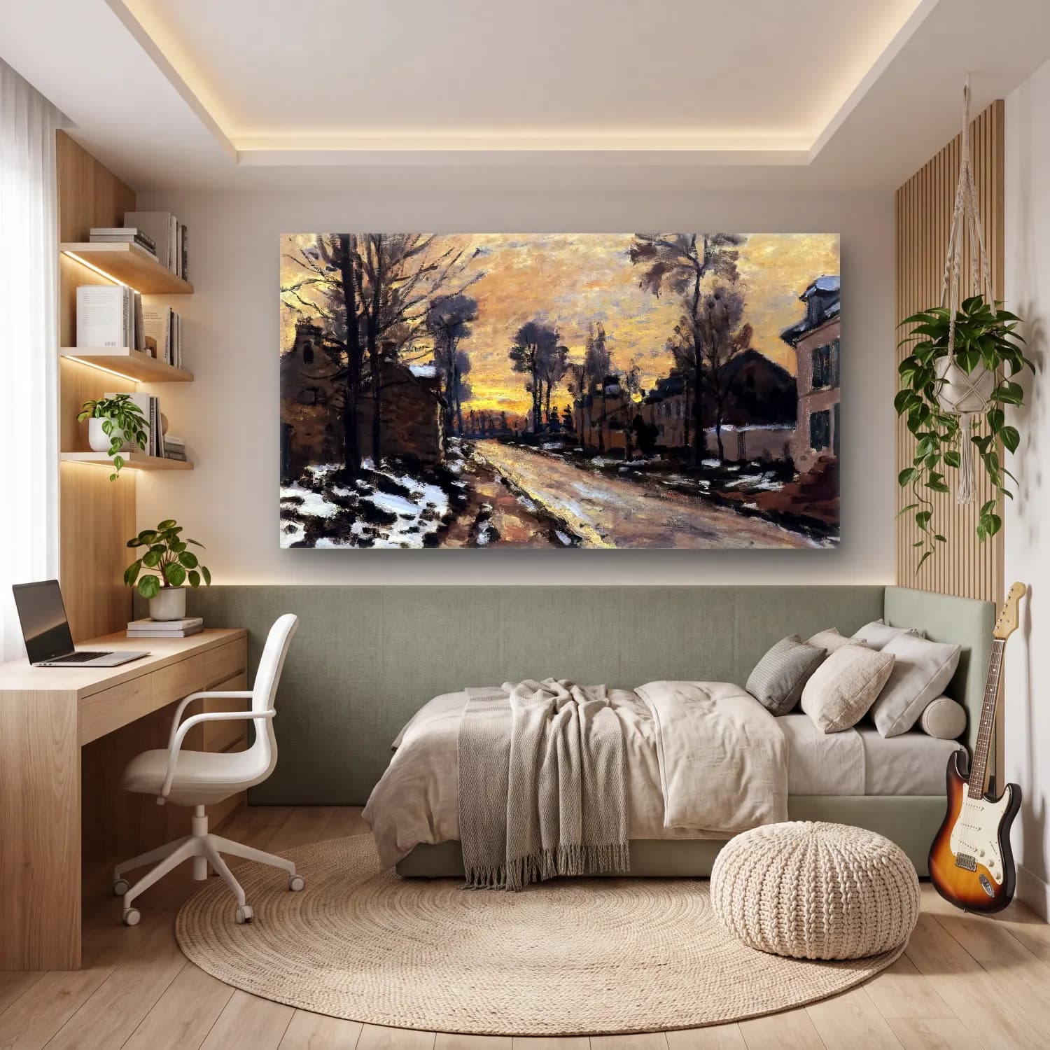 Claude Monet – Road to Louveciennes, Melting Snow, Sunset cam tablo — genç odasında