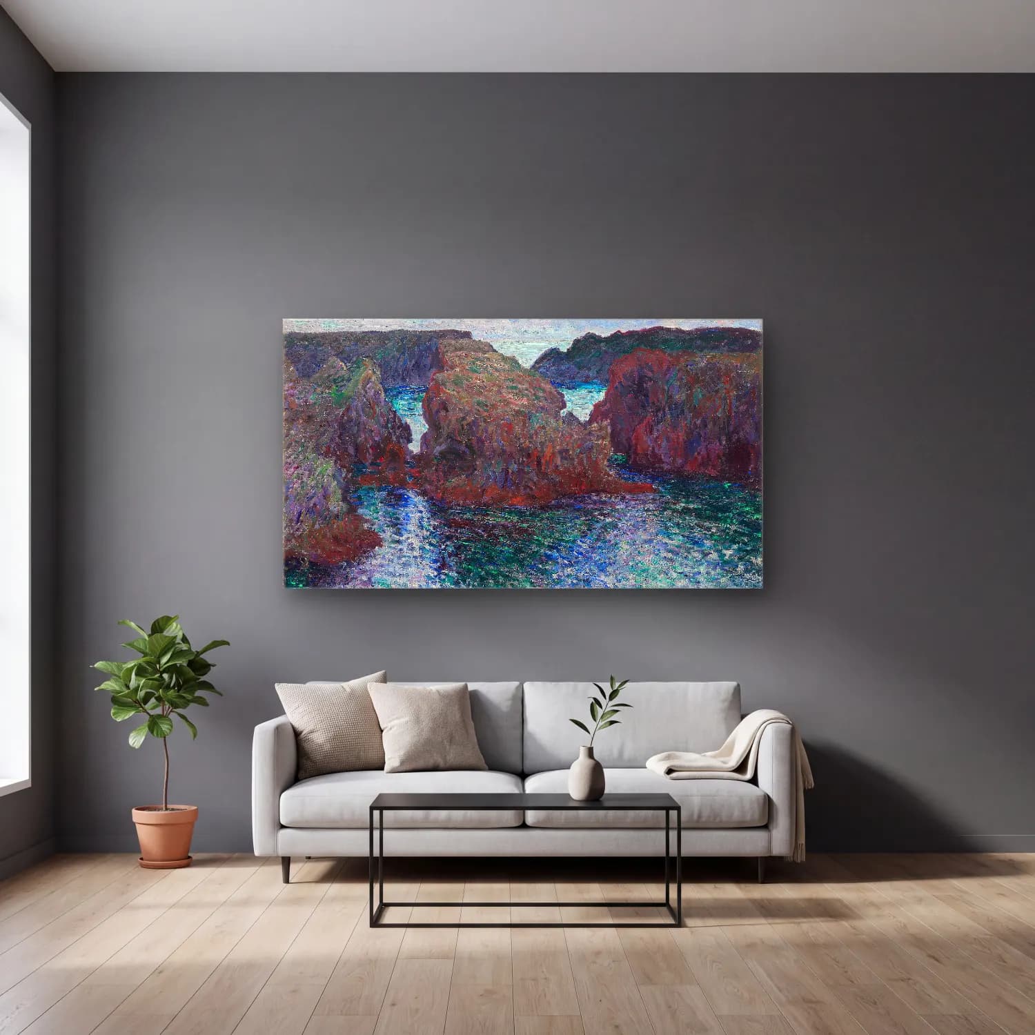 Claude Monet – Rocks at Port-Goulphar, Belle-Île – Mavi Tonlar cam tablo — gri duvarlı salonda