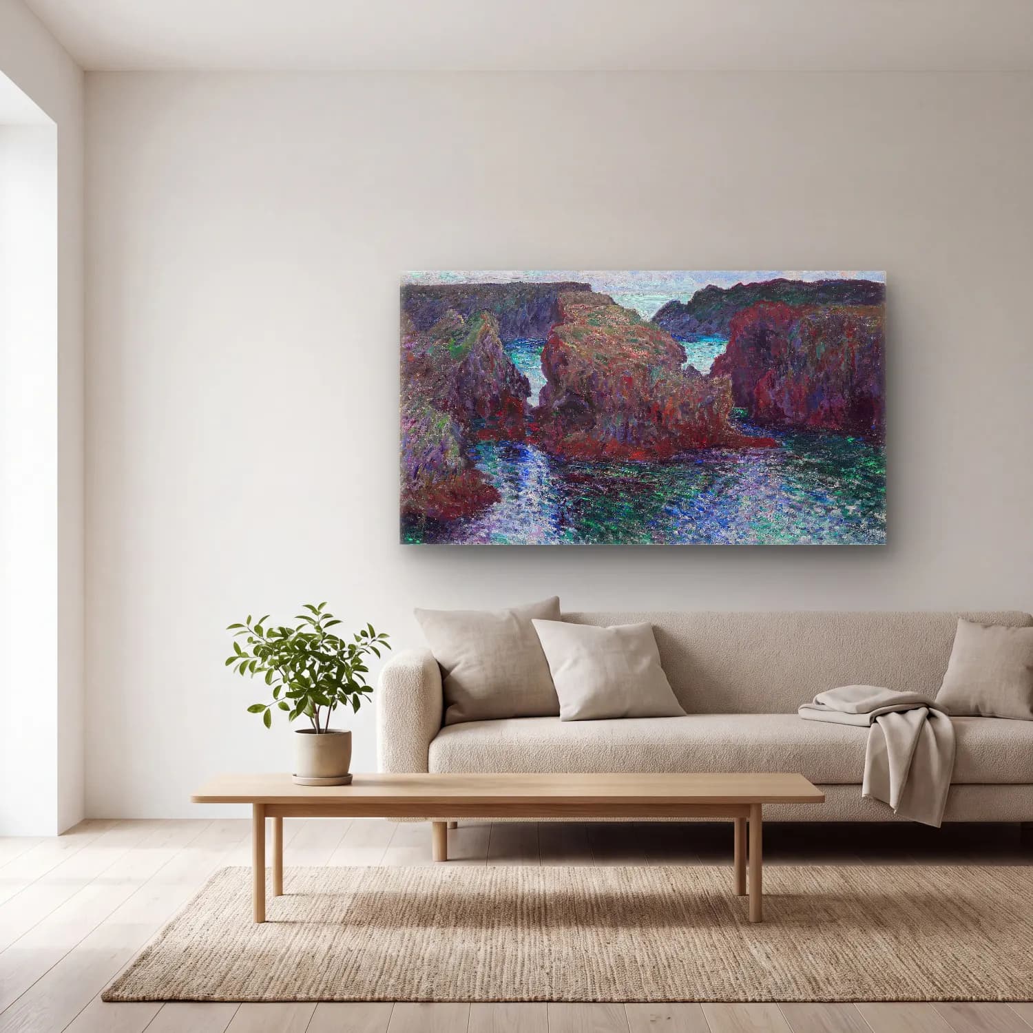Claude Monet – Rocks at Port-Goulphar, Belle-Île – Mavi Tonlar cam tablo — açık renk salonda