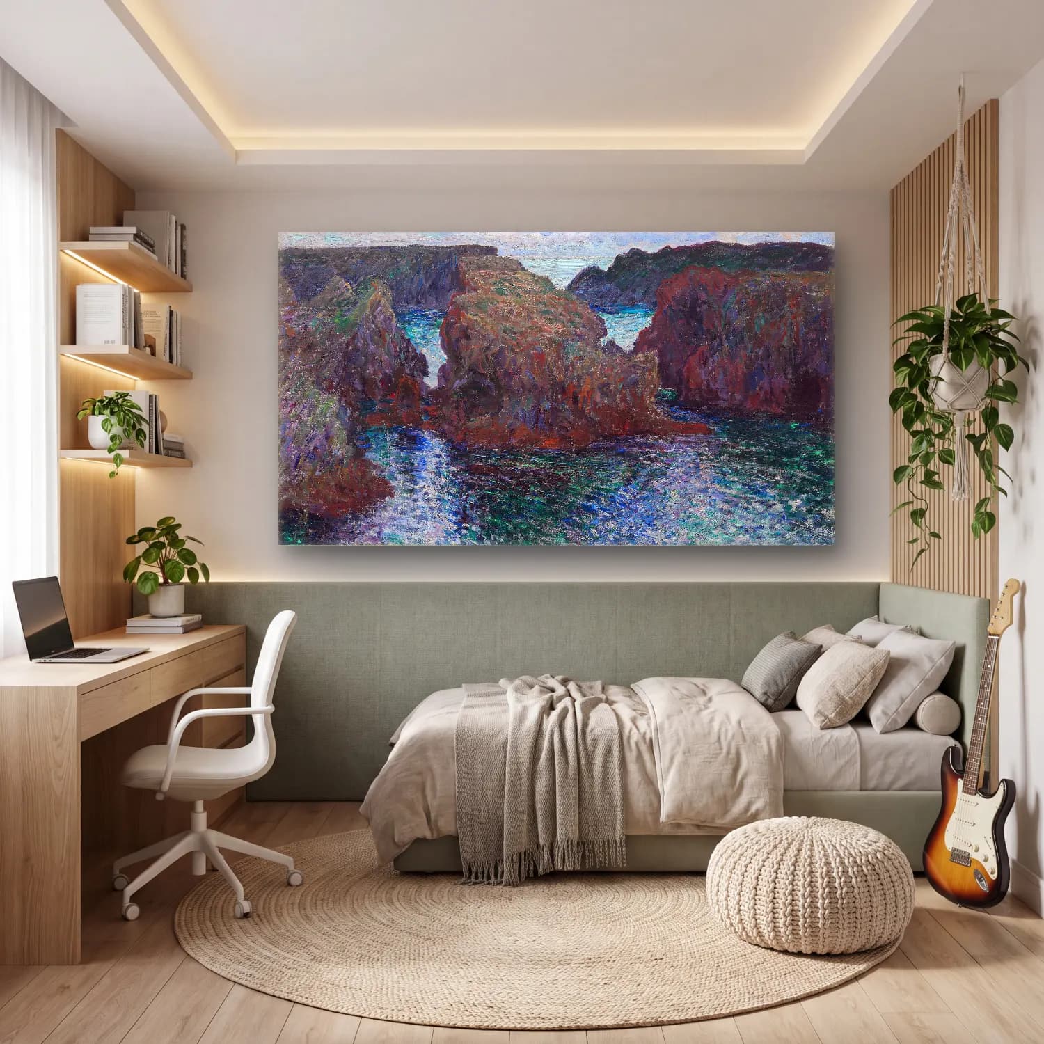 Claude Monet – Rocks at Port-Goulphar, Belle-Île – Mavi Tonlar cam tablo — genç odasında