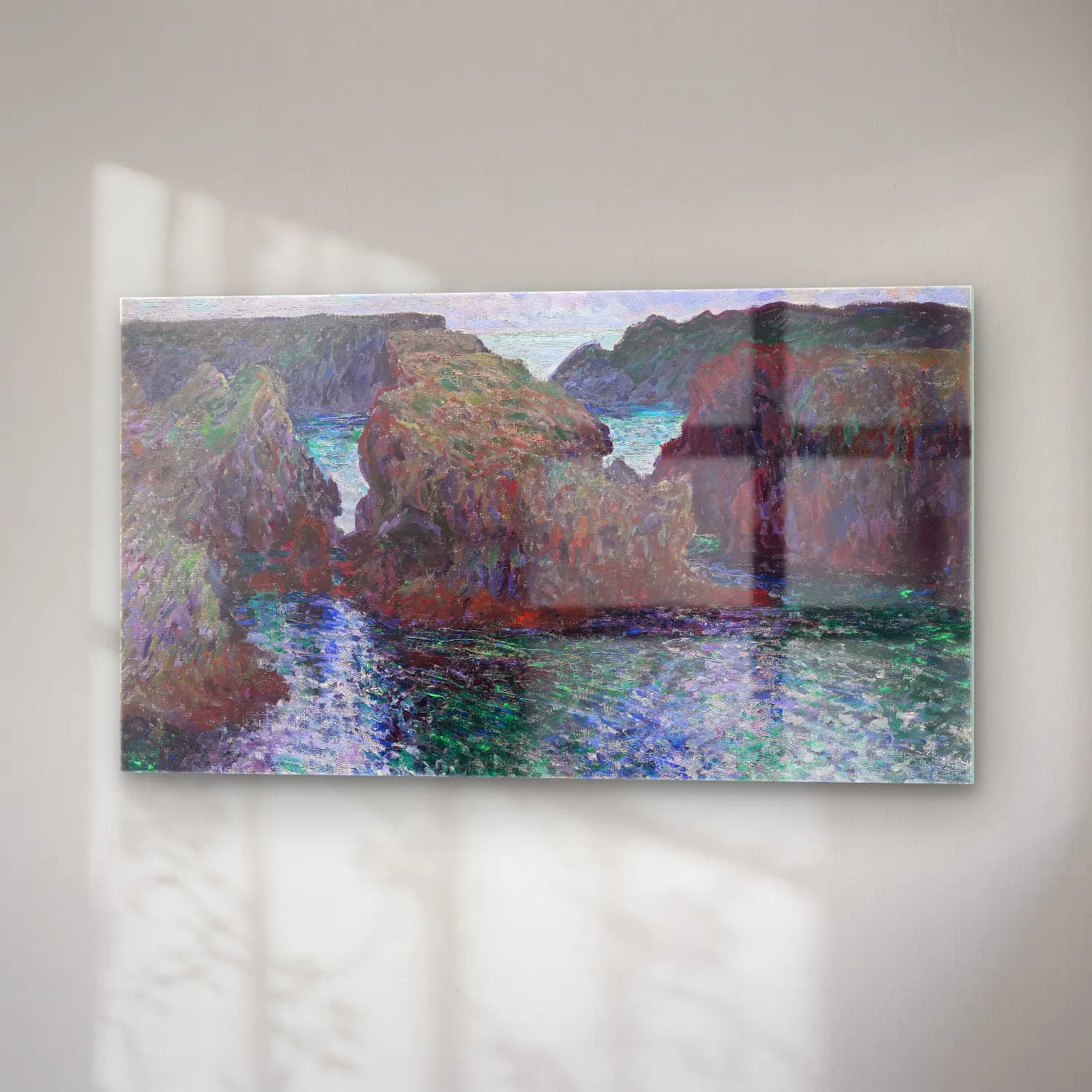 Claude Monet – Rocks at Port-Goulphar, Belle-Île – Mavi Tonlar cam tablo — sağ açıdan görünüm