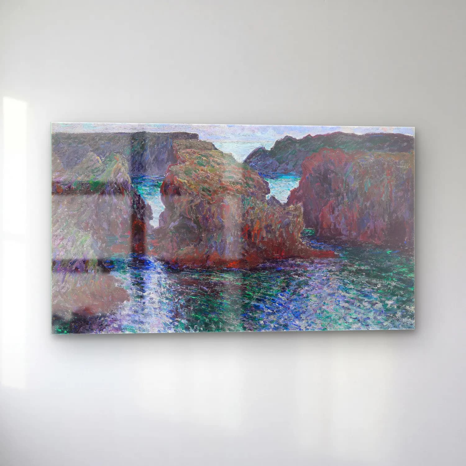 Claude Monet – Rocks at Port-Goulphar, Belle-Île – Mavi Tonlar cam tablo — sol açıdan görünüm
