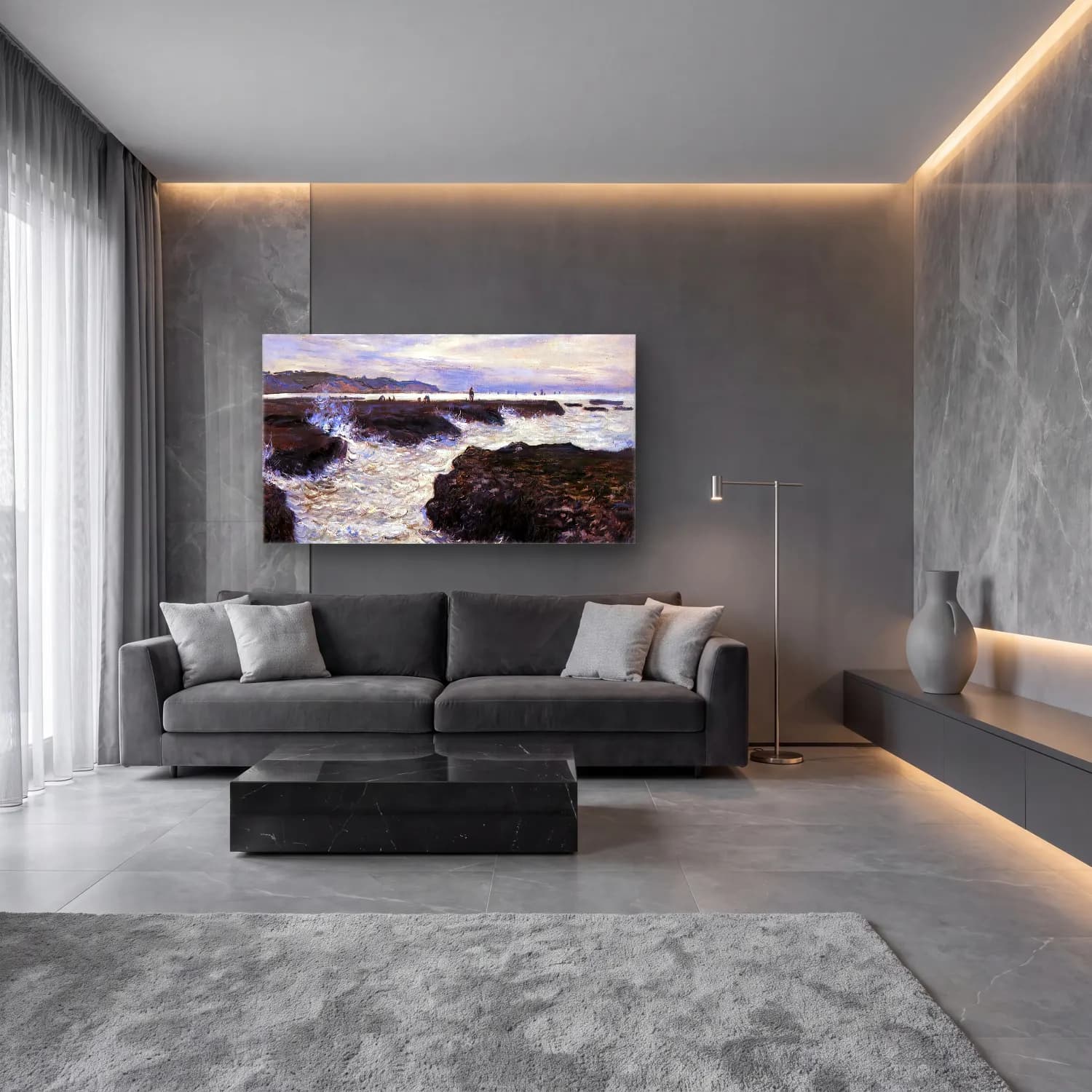 Claude Monet – Rocks near Pourville at Ebb Tide cam tablo — lüks salon duvarında
