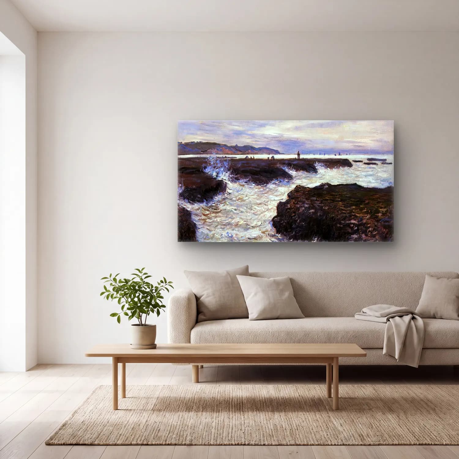 Claude Monet – Rocks near Pourville at Ebb Tide cam tablo — açık renk salonda