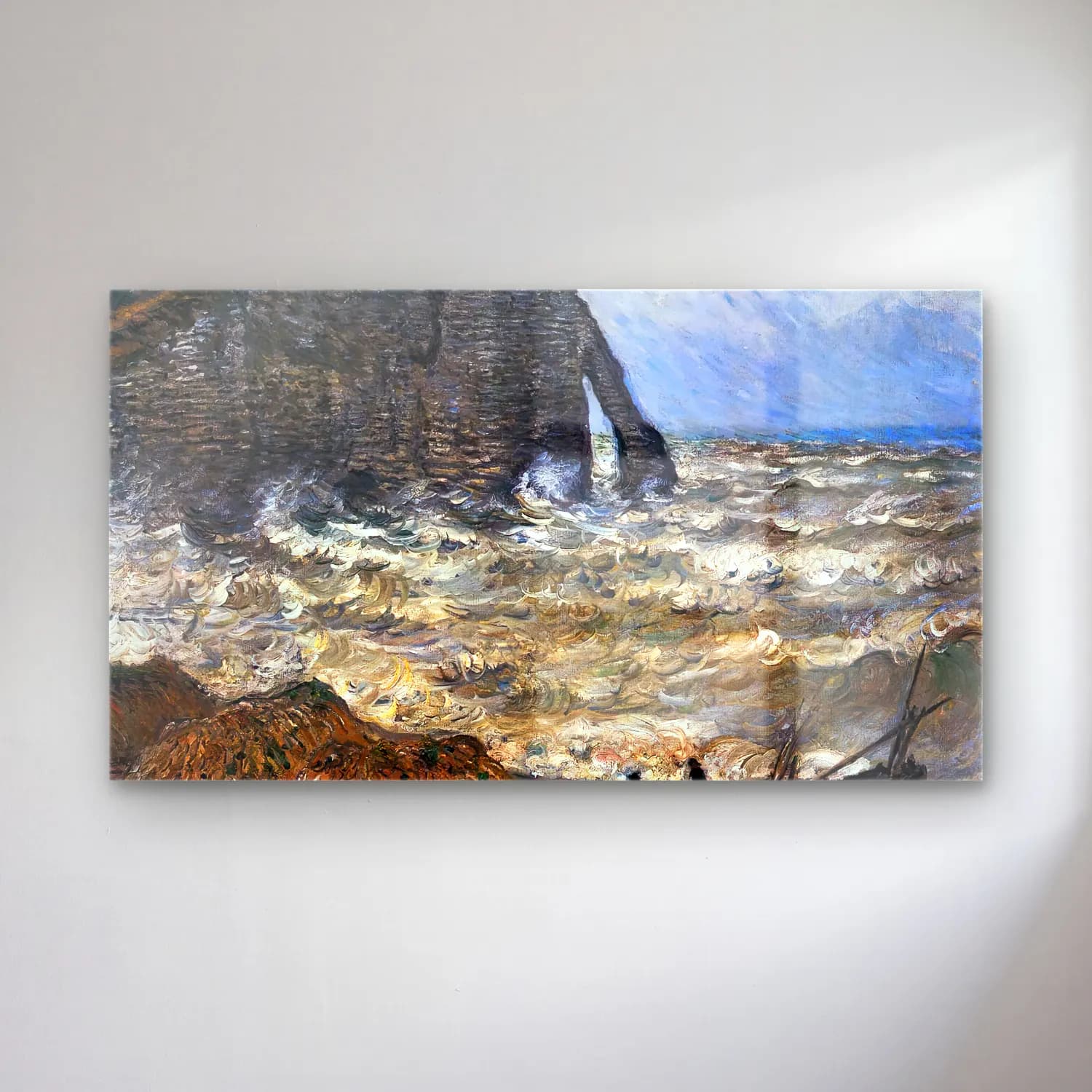 Claude Monet – Rough Sea at Étretat cam tablo — Claude Monet – Rough Sea at Étretat — empresyonist fırtınalı denizde gemi