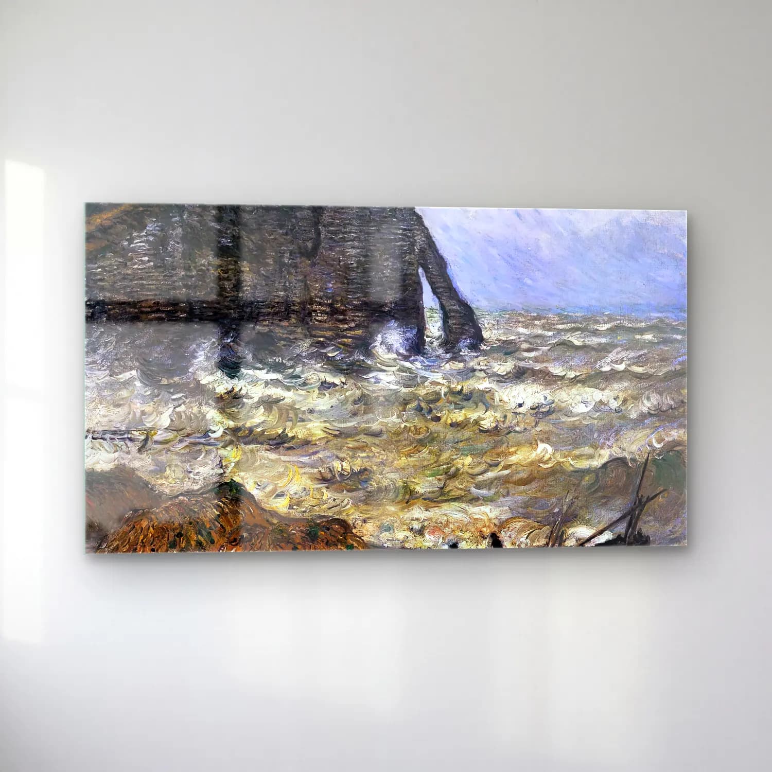 Claude Monet – Rough Sea at Étretat cam tablo — sol açıdan görünüm