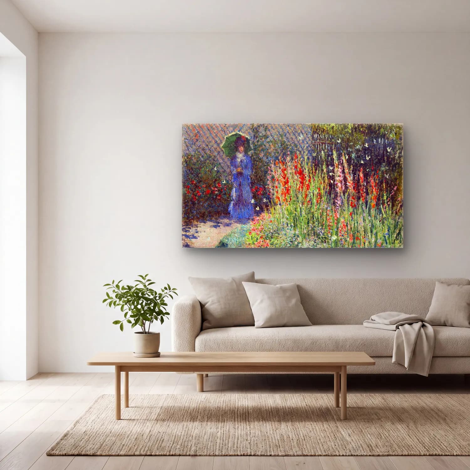Claude Monet – Rounded Flower Bed cam tablo — açık renk salonda