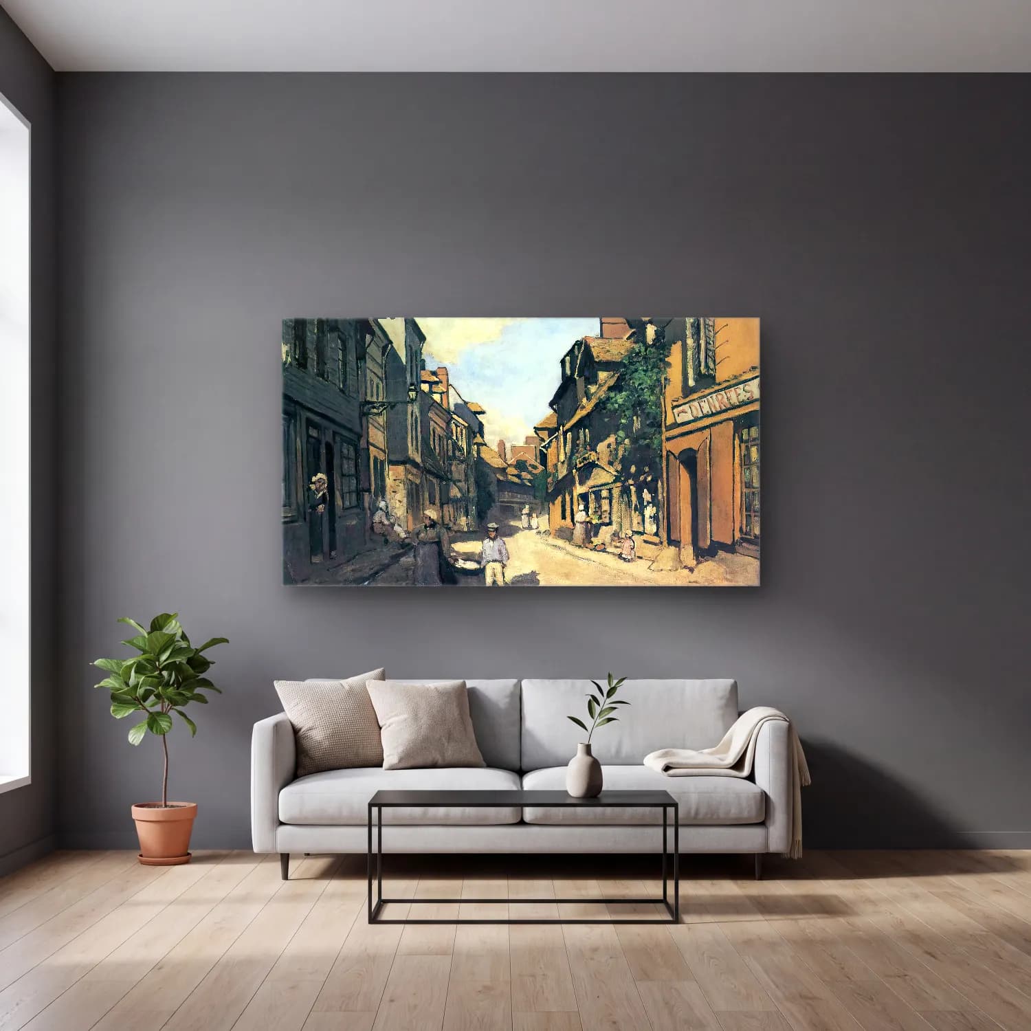 Claude Monet – Rue de la Bavolle, Honfleur cam tablo — gri duvarlı salonda