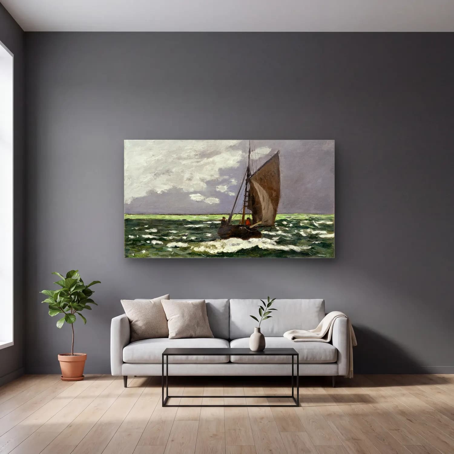 Claude Monet – Seascape, Storm cam tablo — gri duvarlı salonda