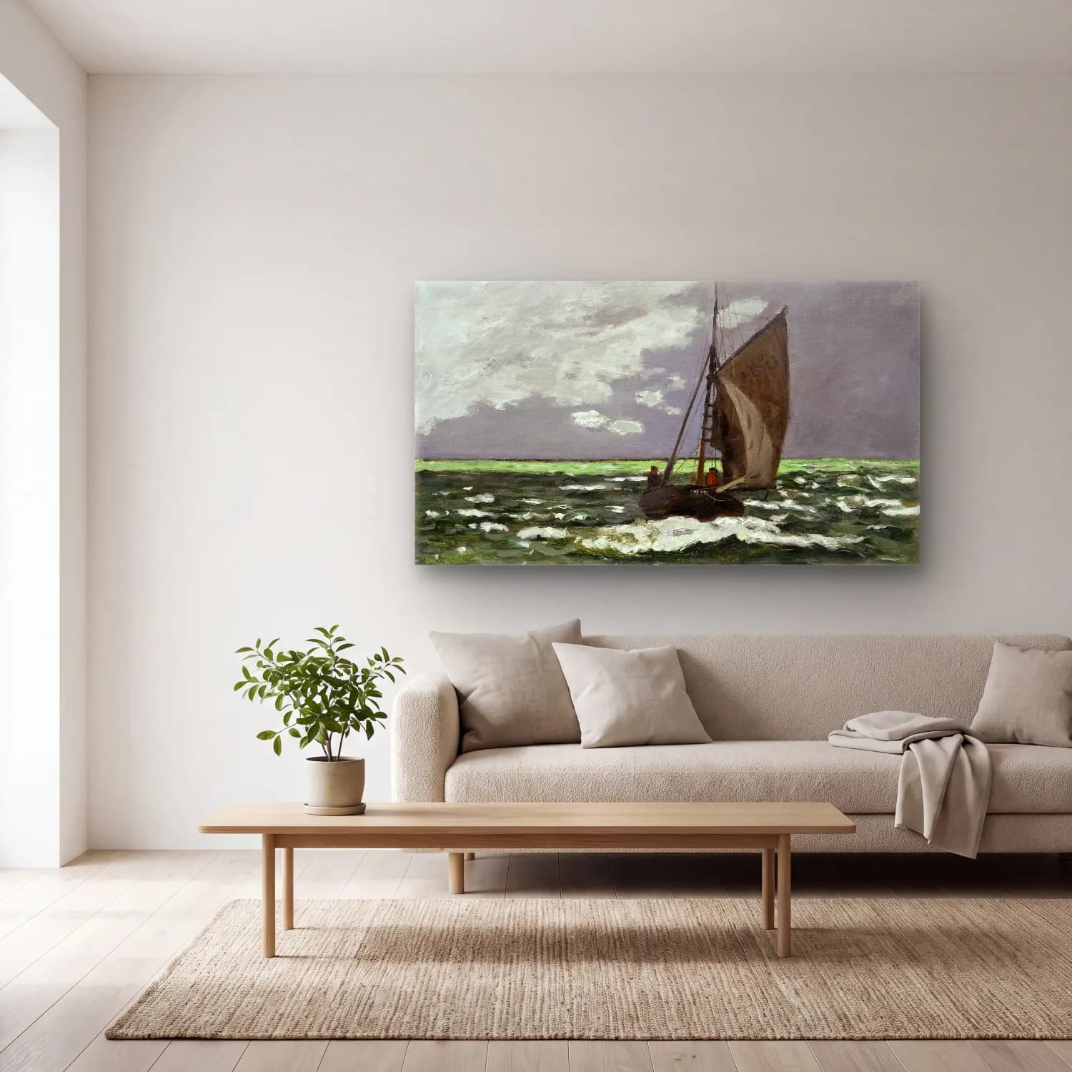 Claude Monet – Seascape, Storm cam tablo — açık renk salonda