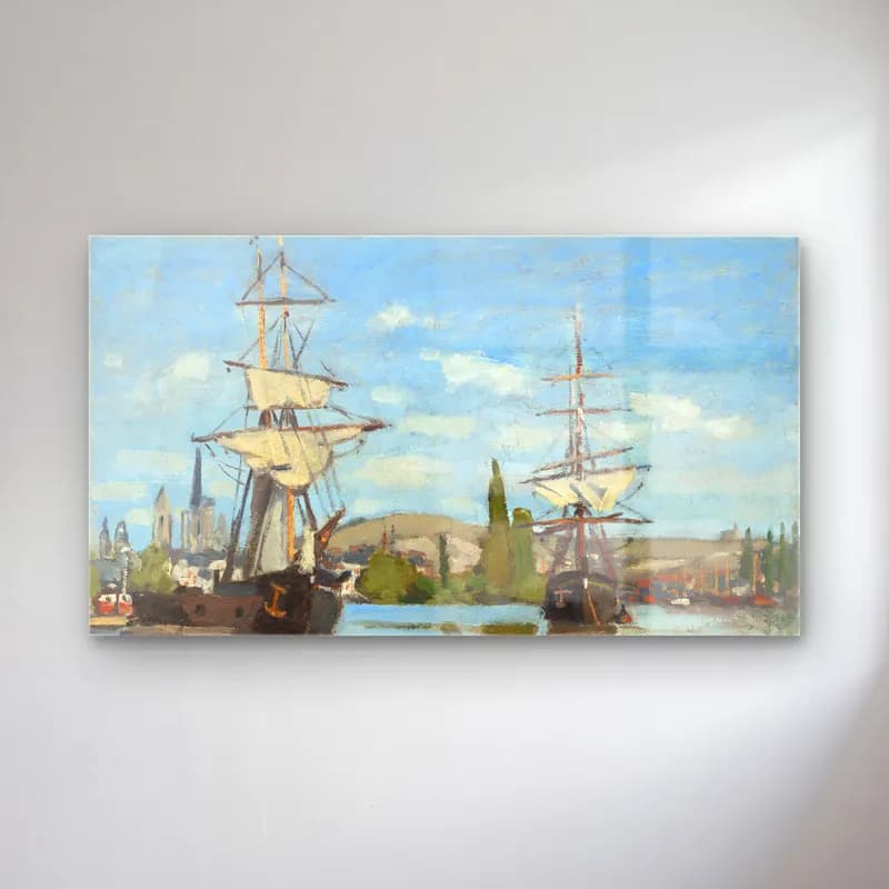 Claude Monet – Ships Riding on the Seine at Rouen – Siyah Beyaz Tonlar cam tablo — Claude Monet – Ships Riding on the Seine at Rouen – Siyah Beyaz Tonlar — empresyonist liman ve tekneler