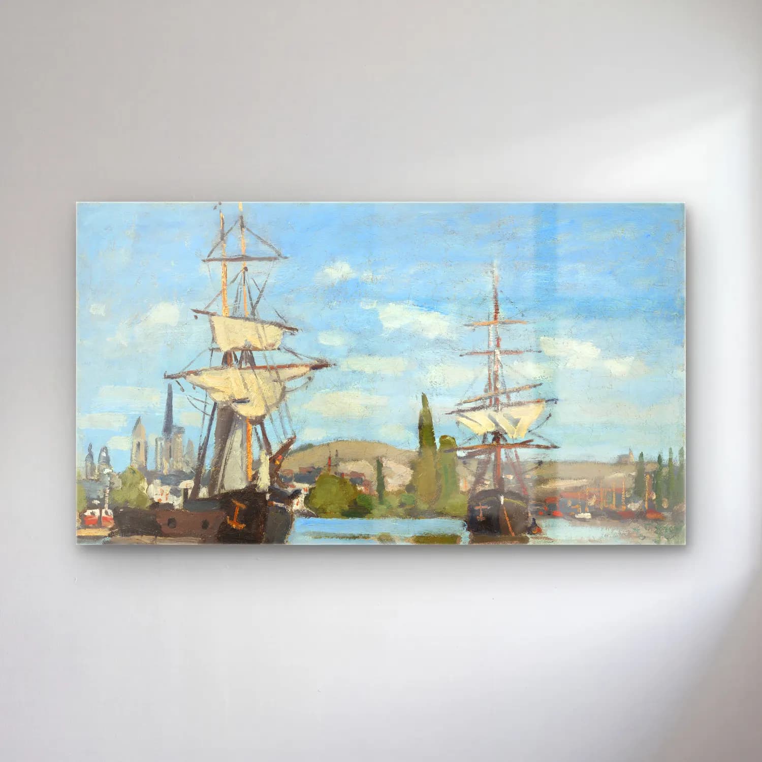 Claude Monet – Ships Riding on the Seine at Rouen – Siyah Beyaz Tonlar cam tablo — Claude Monet – Ships Riding on the Seine at Rouen – Siyah Beyaz Tonlar — empresyonist liman ve tekneler